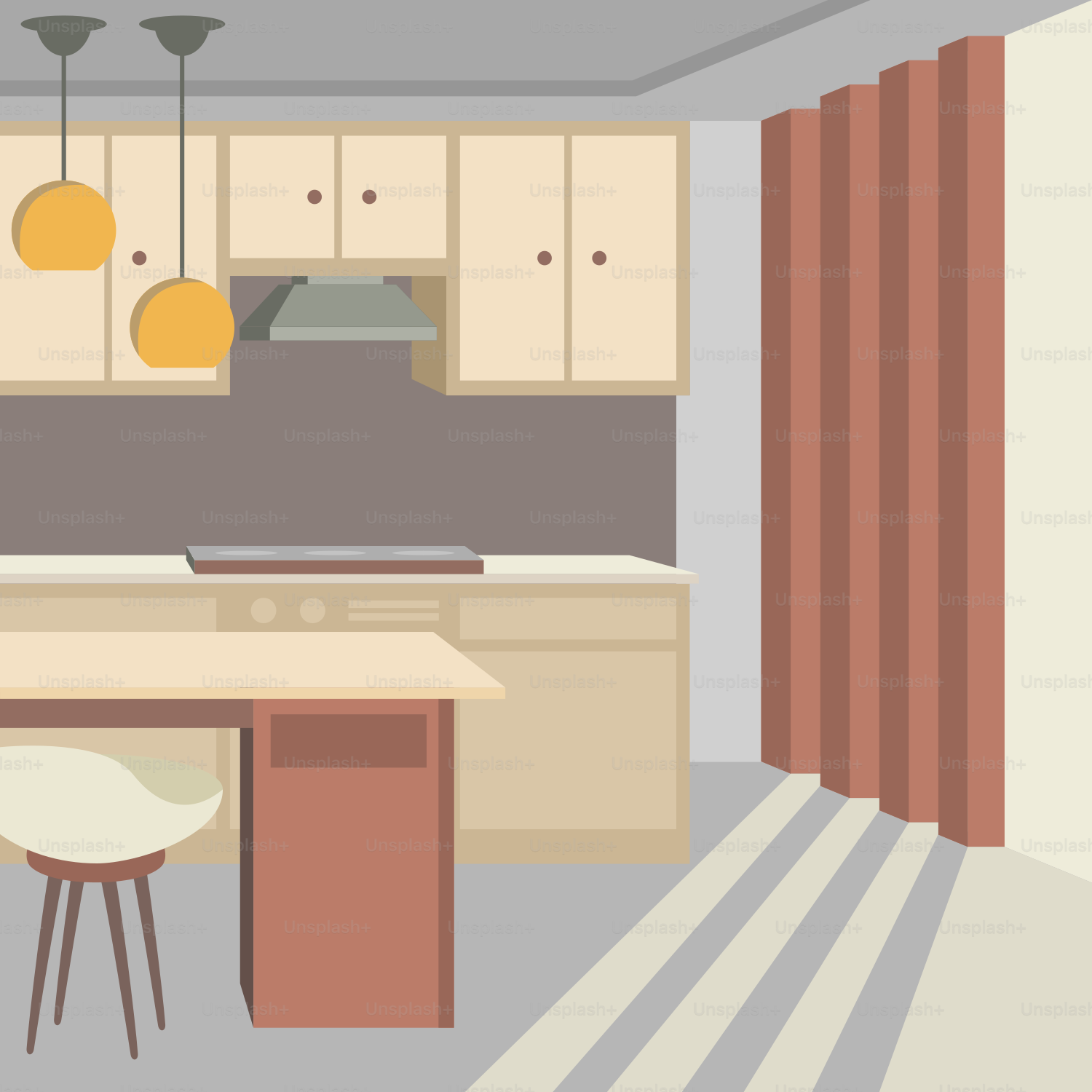 A drawing of a kitchen with a table and chairs vector – Interior design  Image on Unsplash, image size:3000x3000