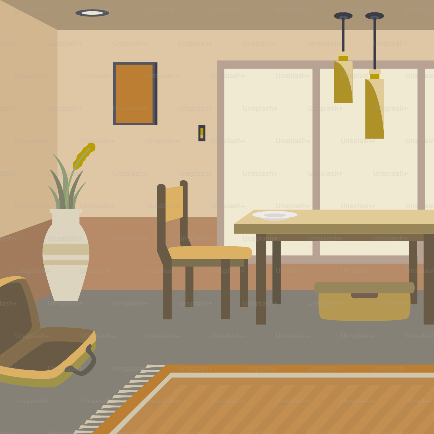 Ein Zimmer mit einem Tisch, Stühlen und einem Teppich