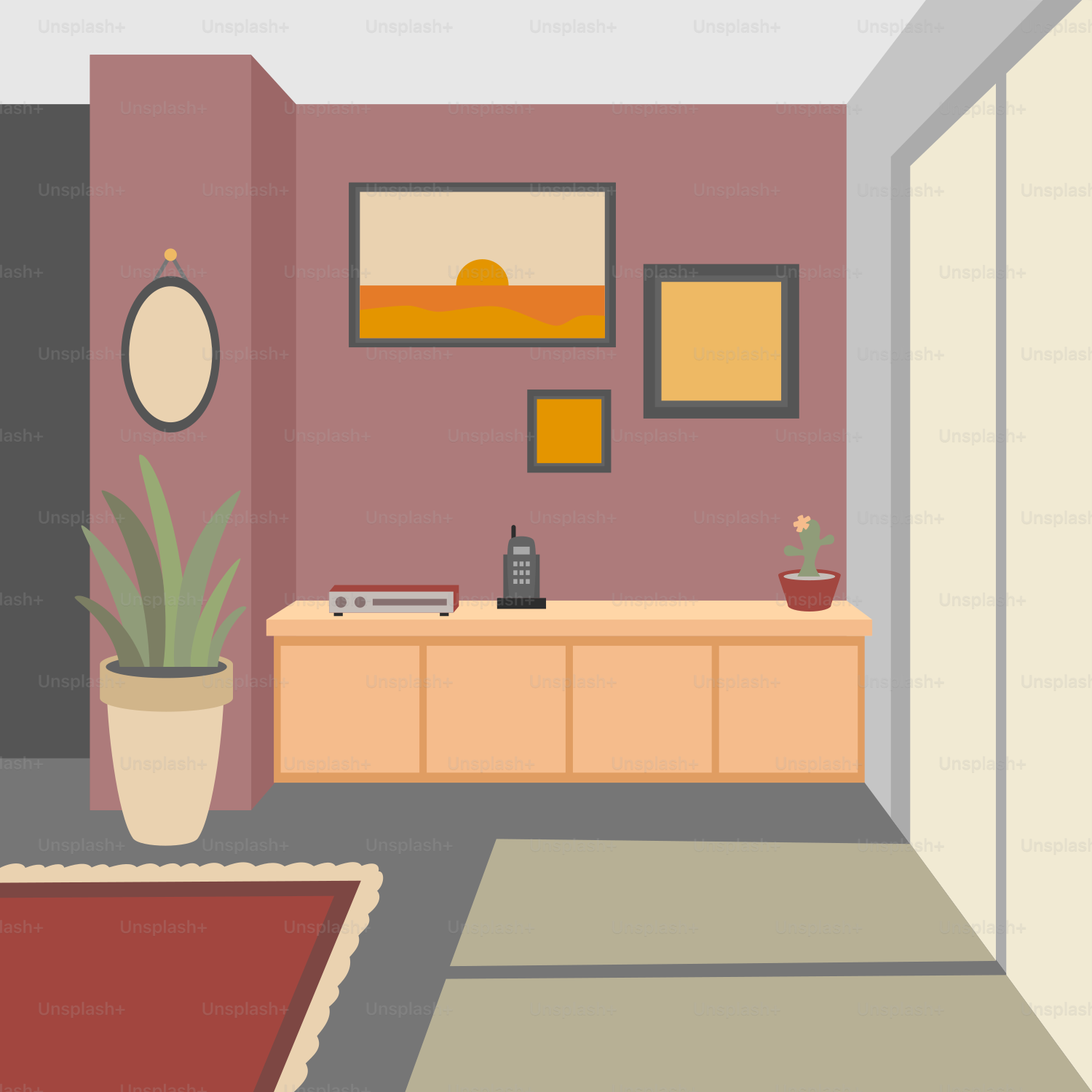 Uma sala de estar cheia de móveis e uma planta em vaso