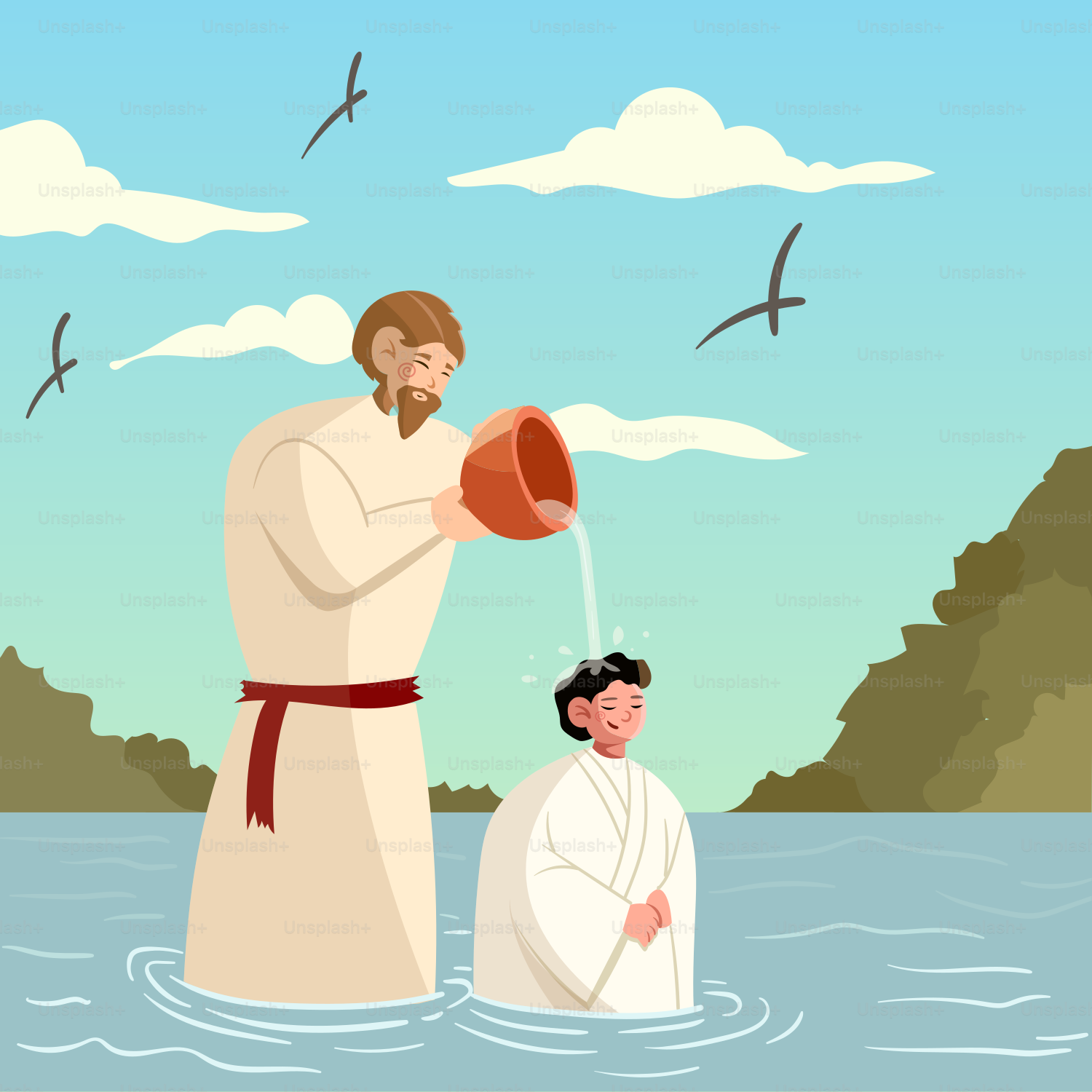 Un hombre de pie junto a otro hombre en un cuerpo de agua