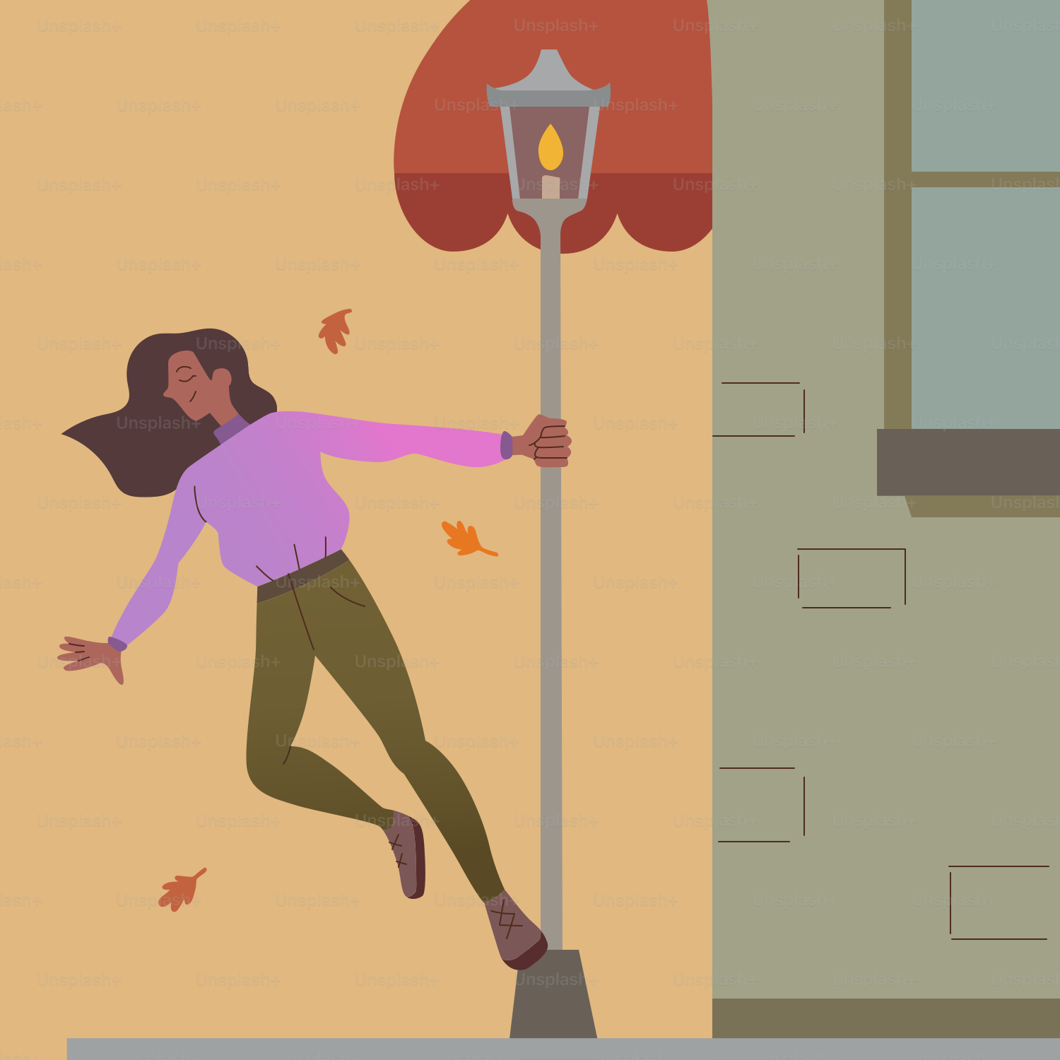 Une femme s’accrochant à un lampadaire devant un immeuble