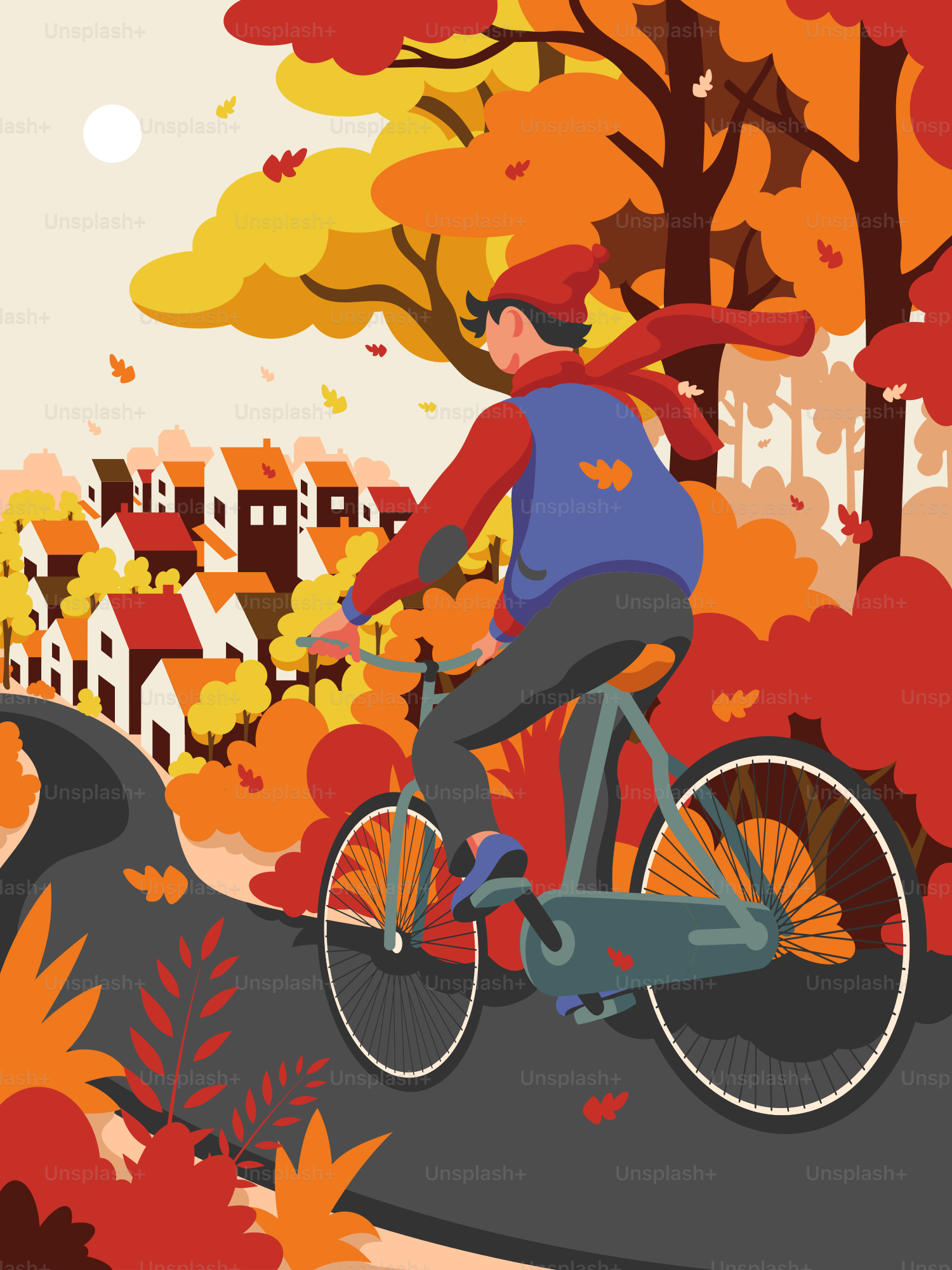 A man riding a bike down a road surrounded by trees