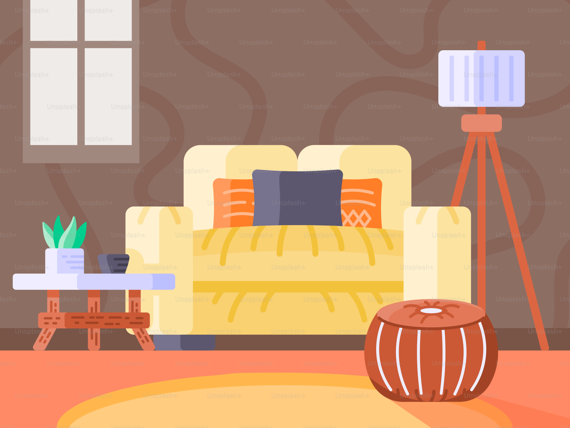 Ein Wohnzimmer mit Sofa, Tisch und Lampe