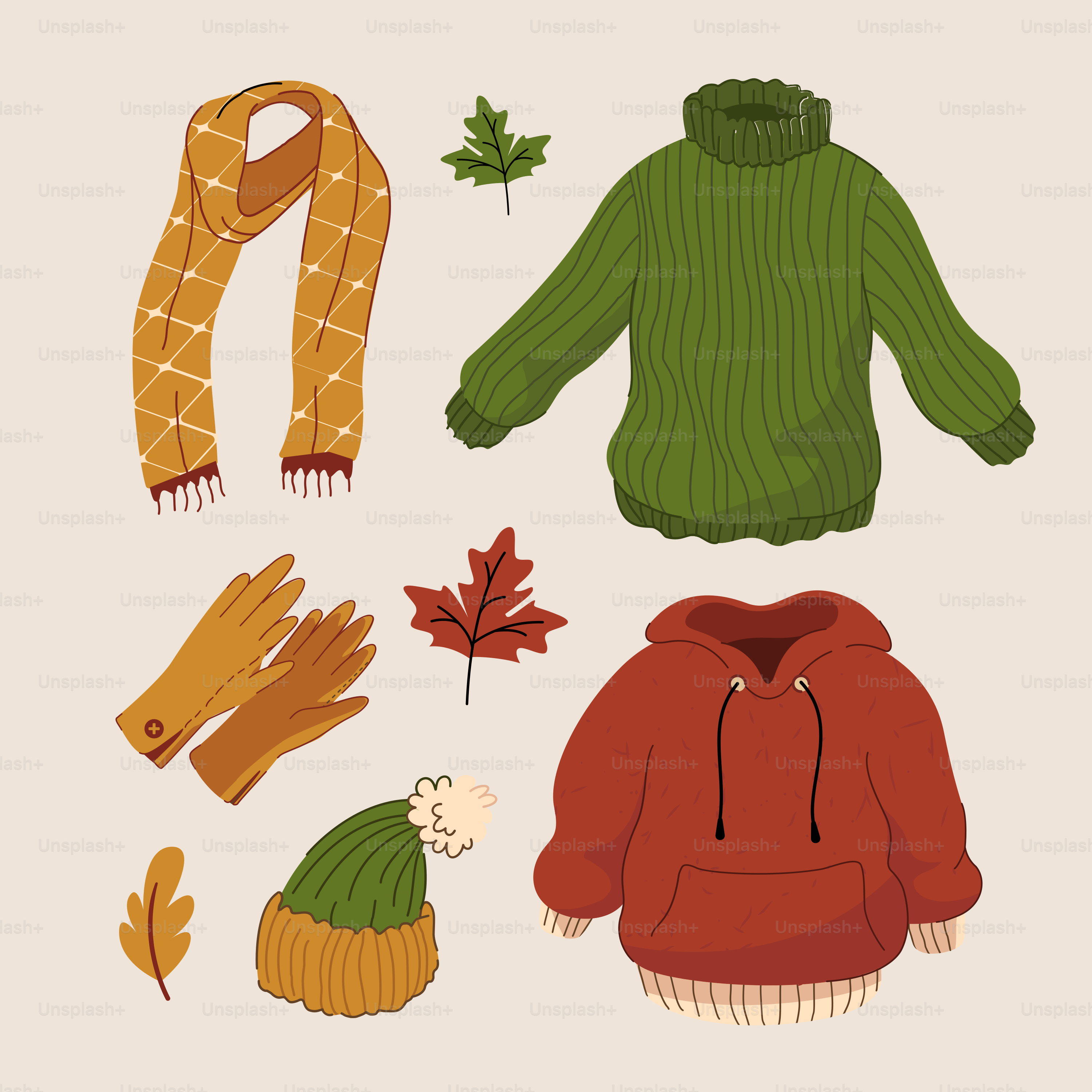 A collection of autumn items including a sweater, gloves, and a scarf