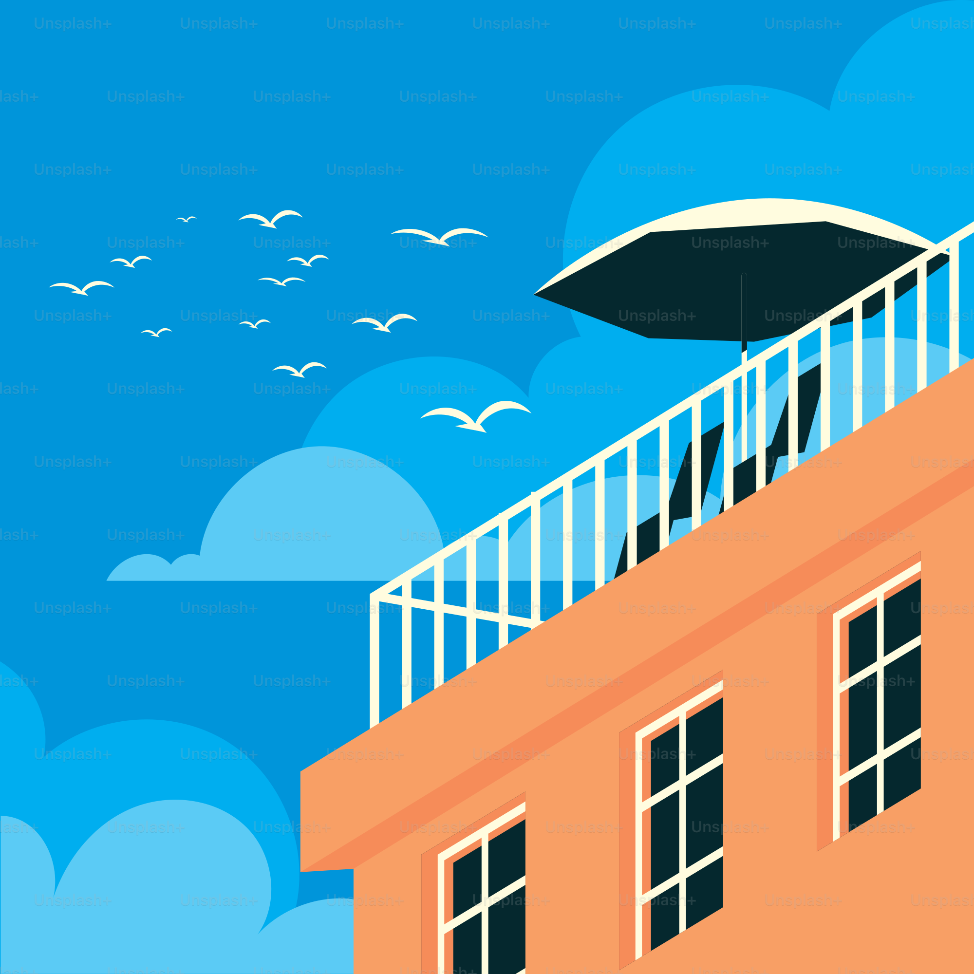 A building with a balcony and an umbrella on top of it