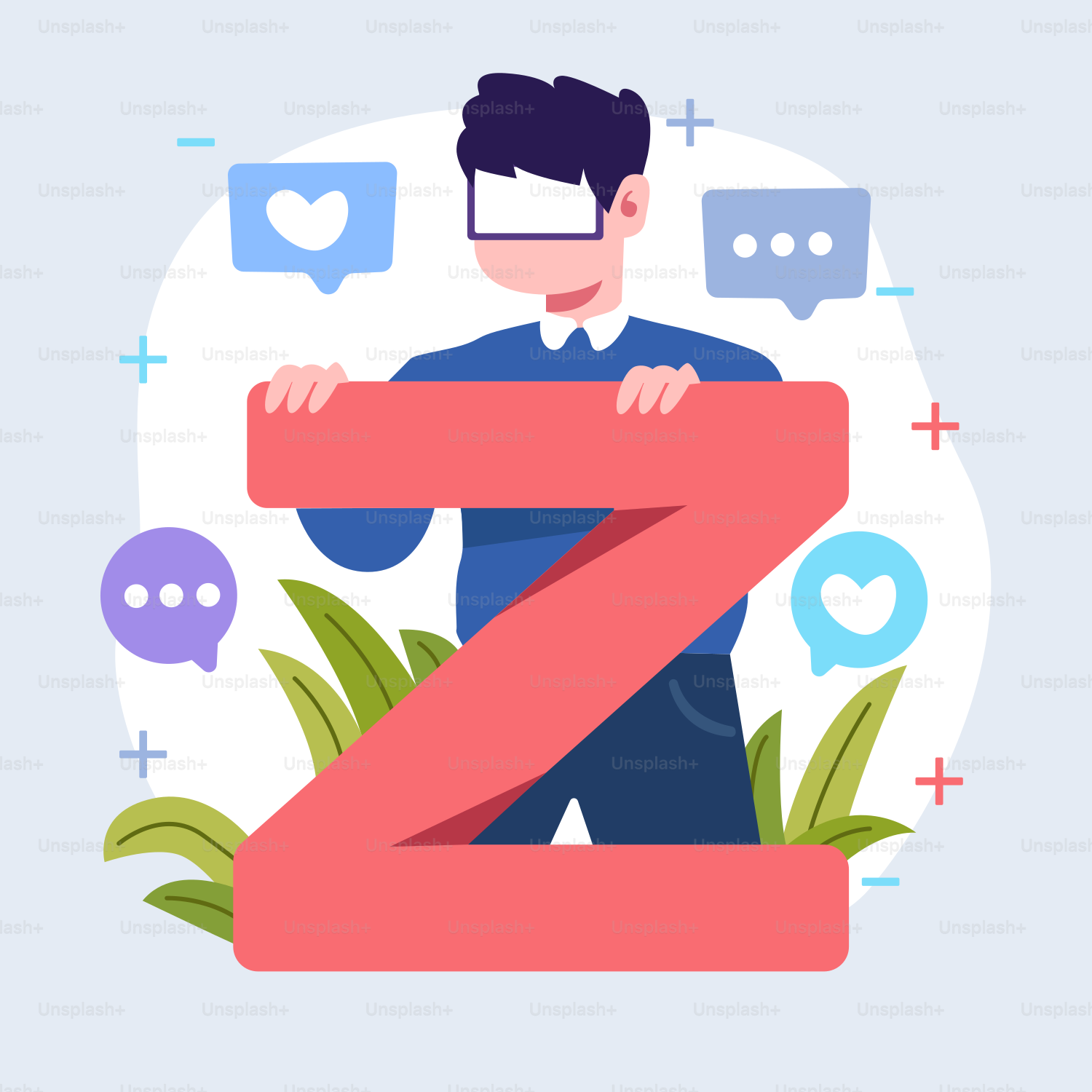 A man holding a large red letter in front of a blue background