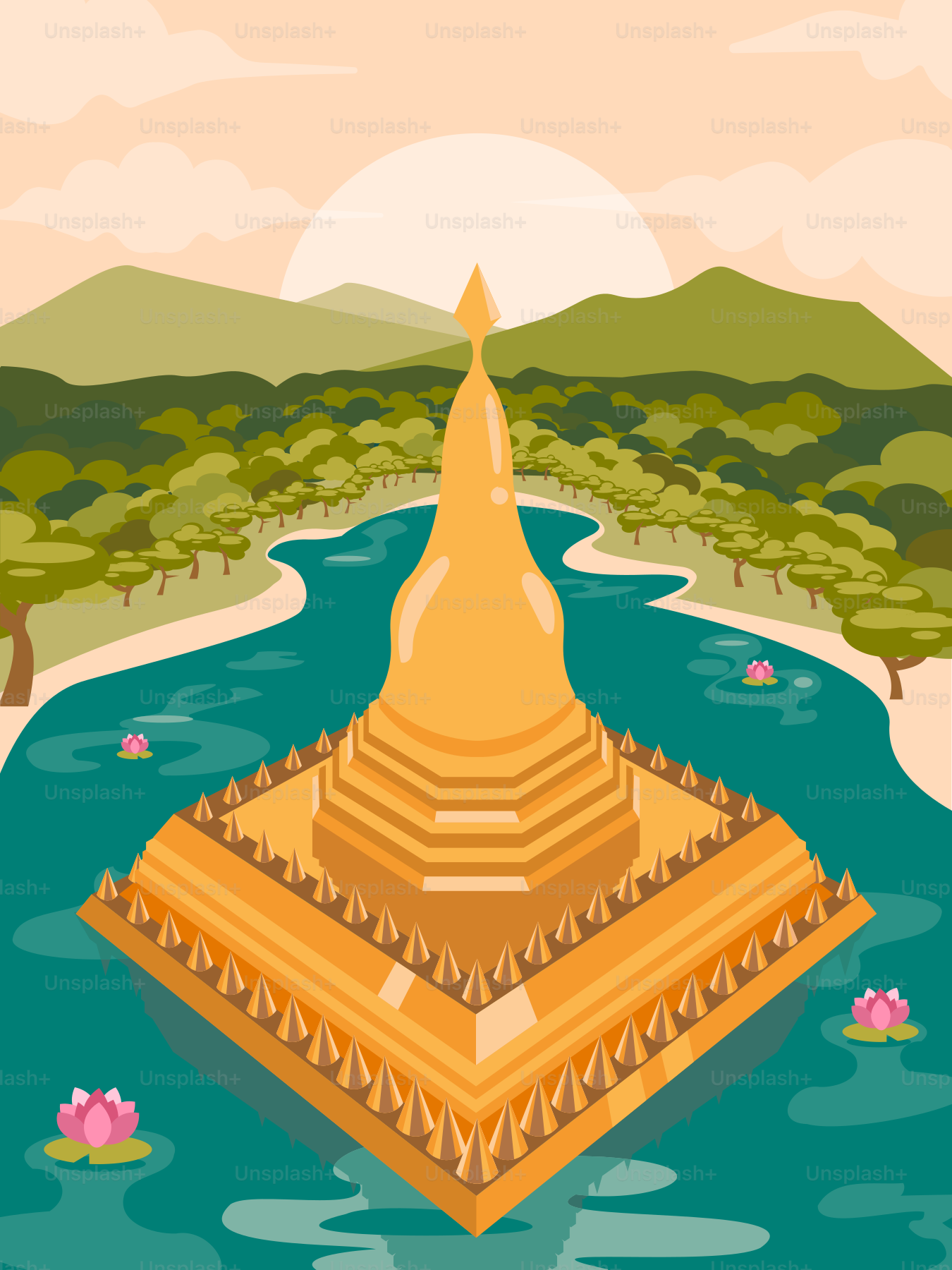 A cartoon of a pagoda in the middle of a river