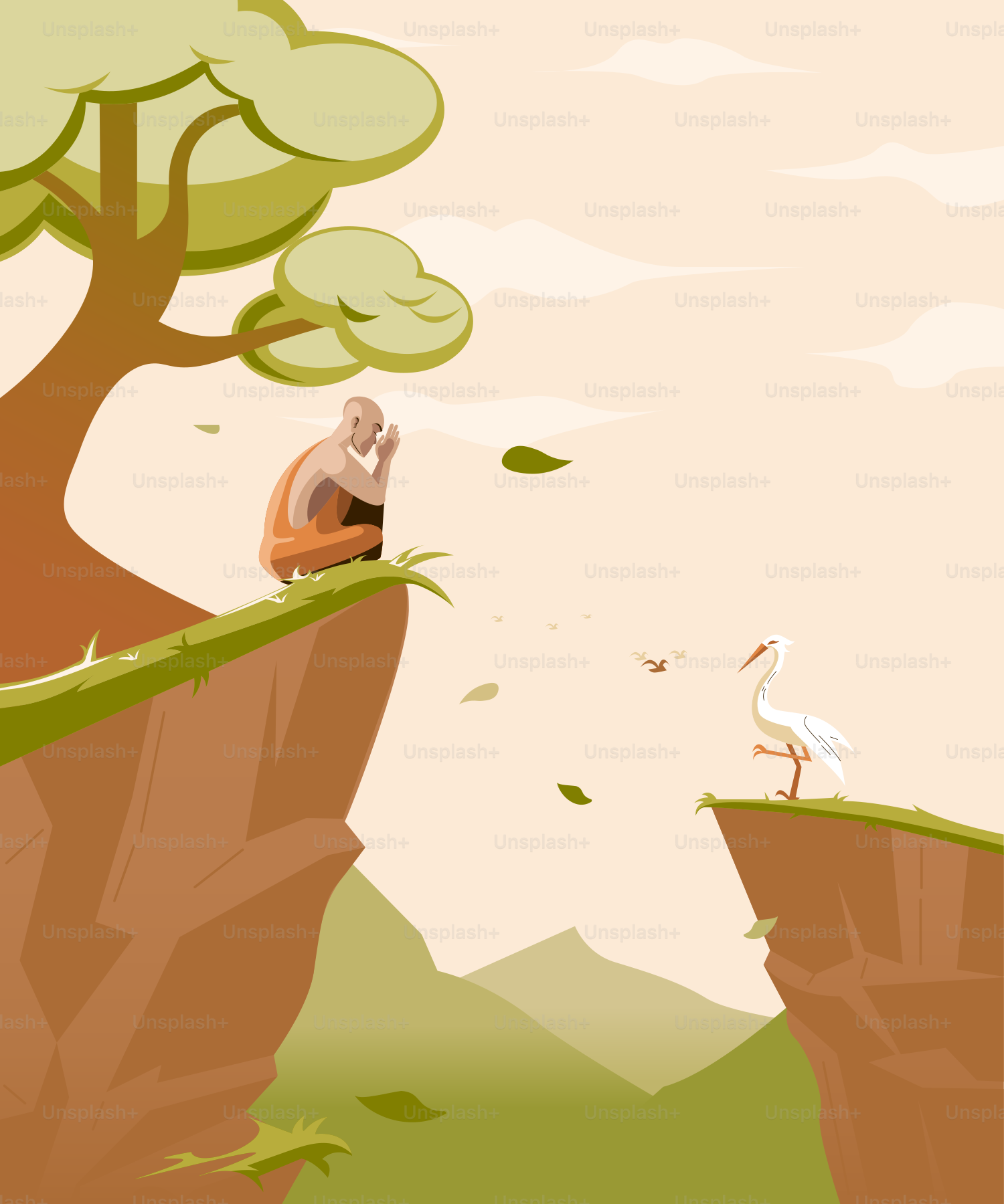 A man sitting on top of a cliff next to a bird