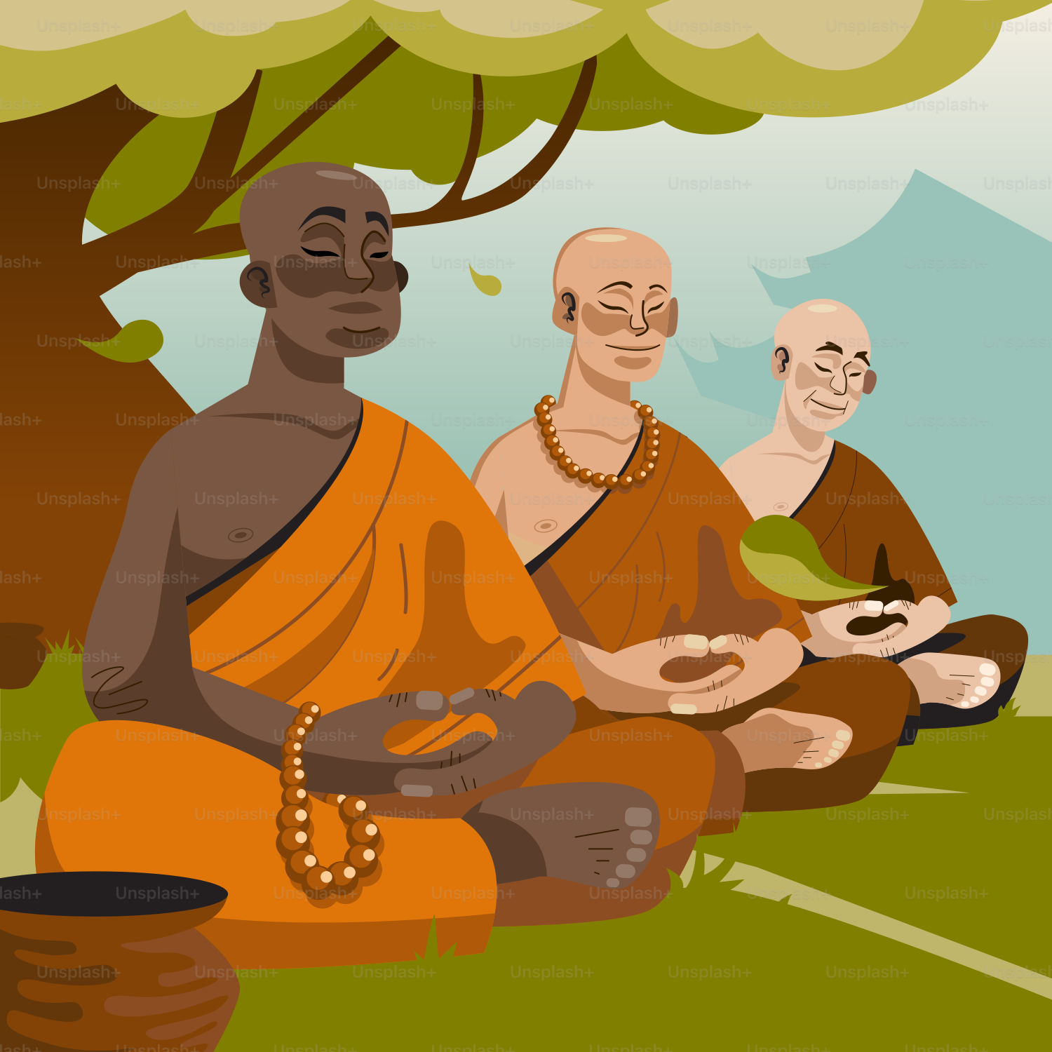 A group of people sitting on top of a lush green field