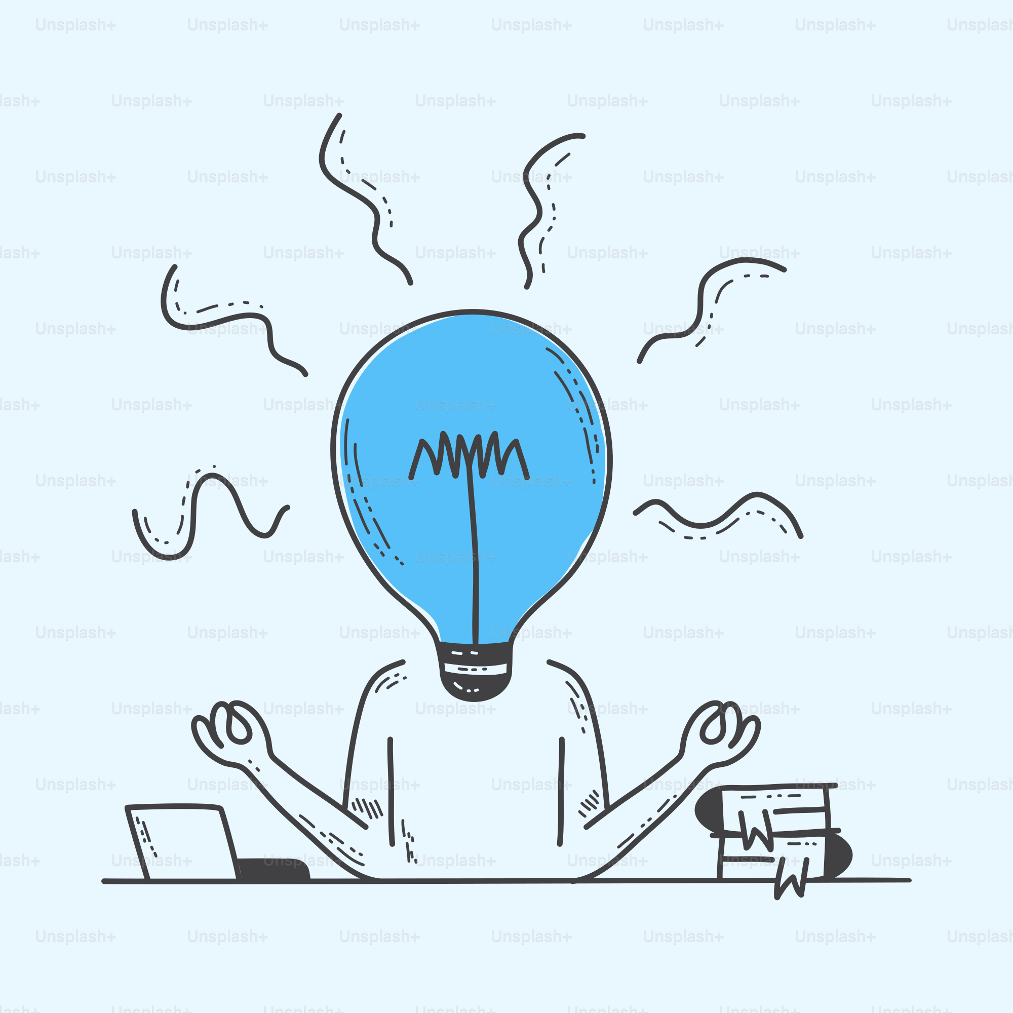 A person sitting at a desk with a light bulb above their head