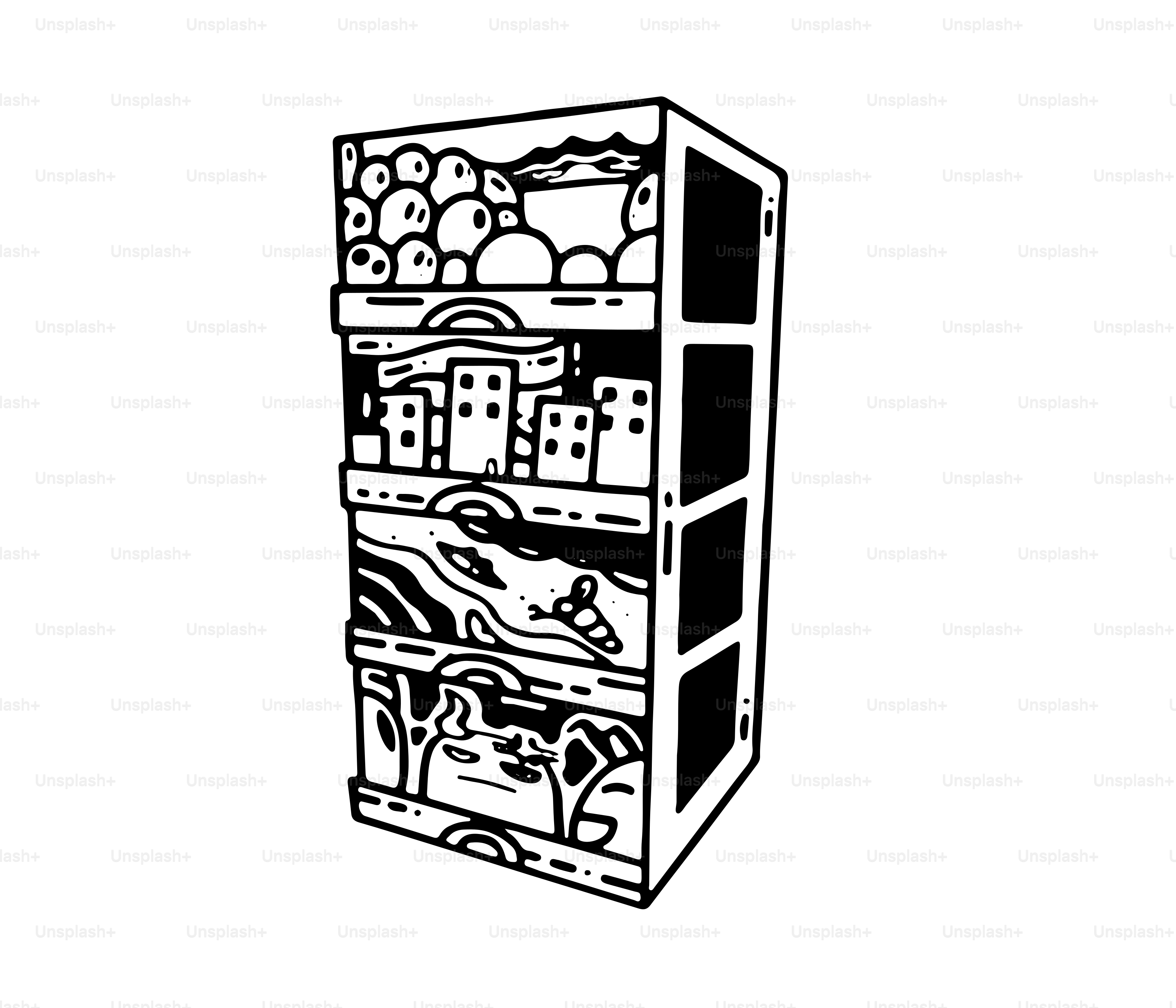 A black and white drawing of a refrigerator