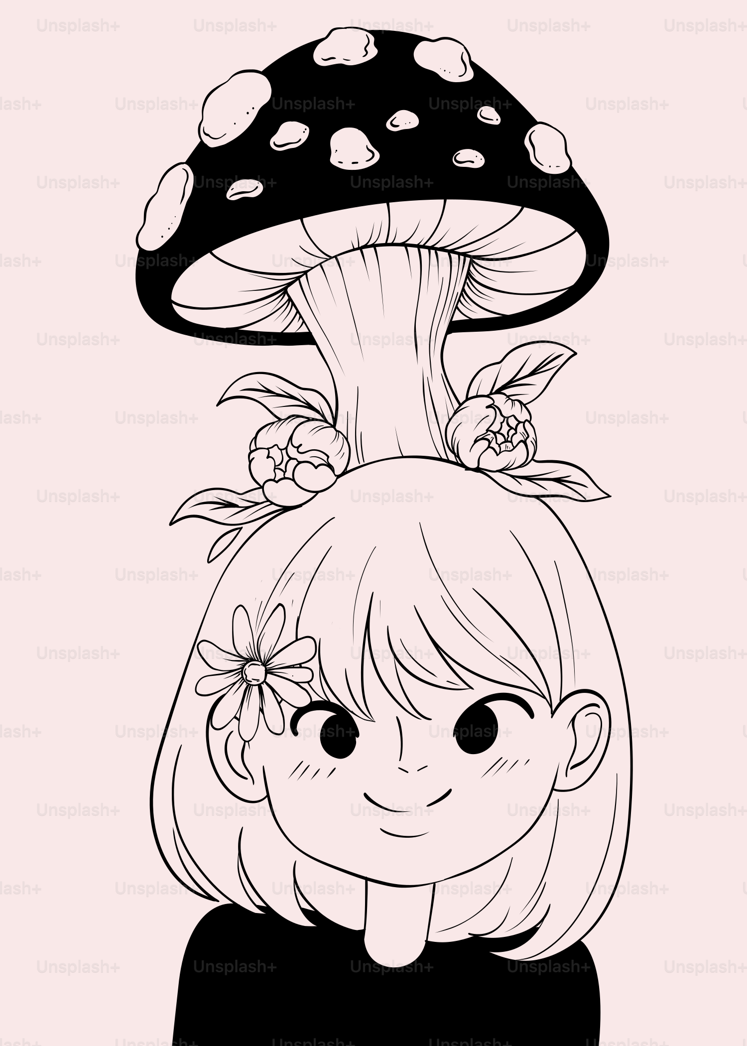A drawing of a girl with a mushroom on her head