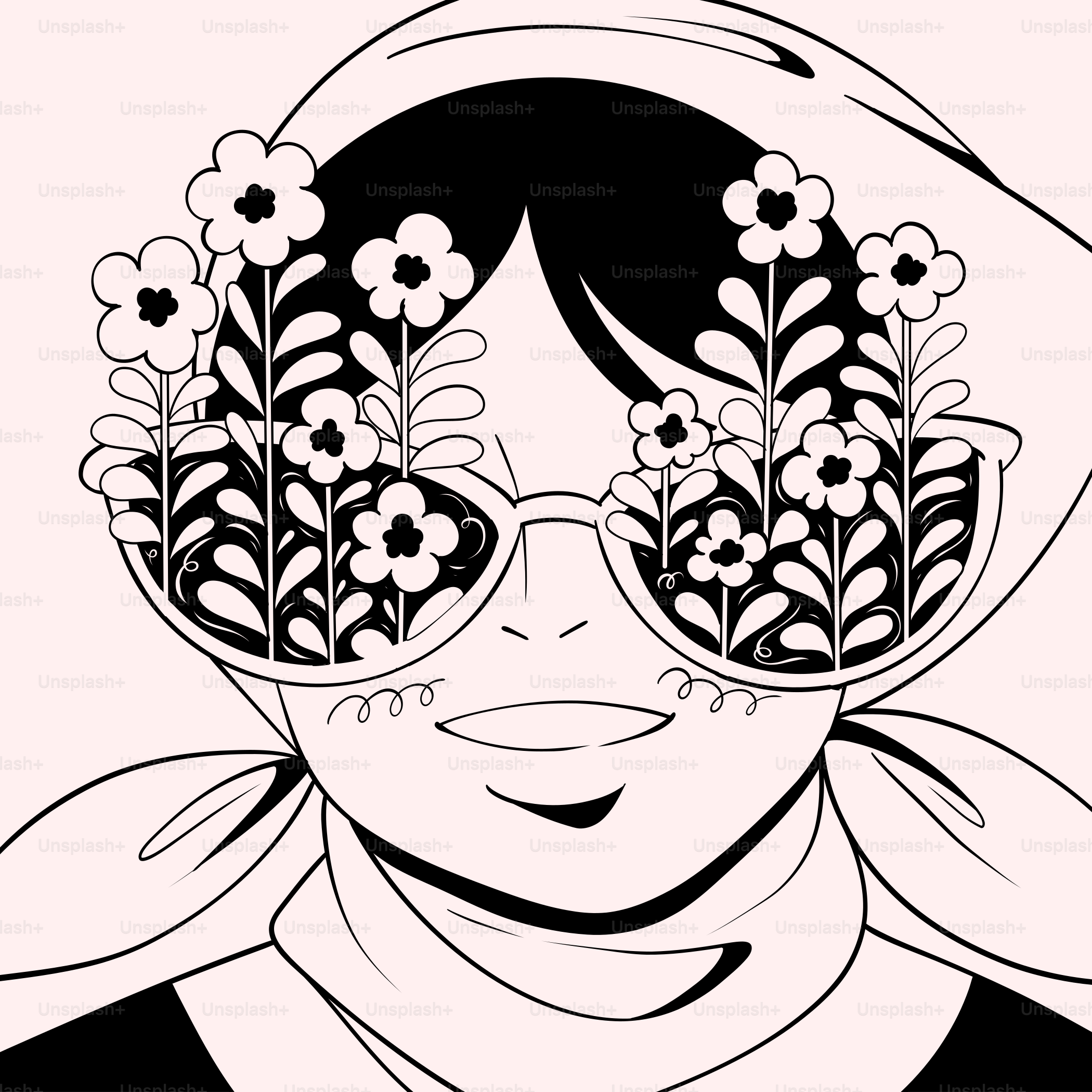 A drawing of a woman wearing sunglasses and flowers
