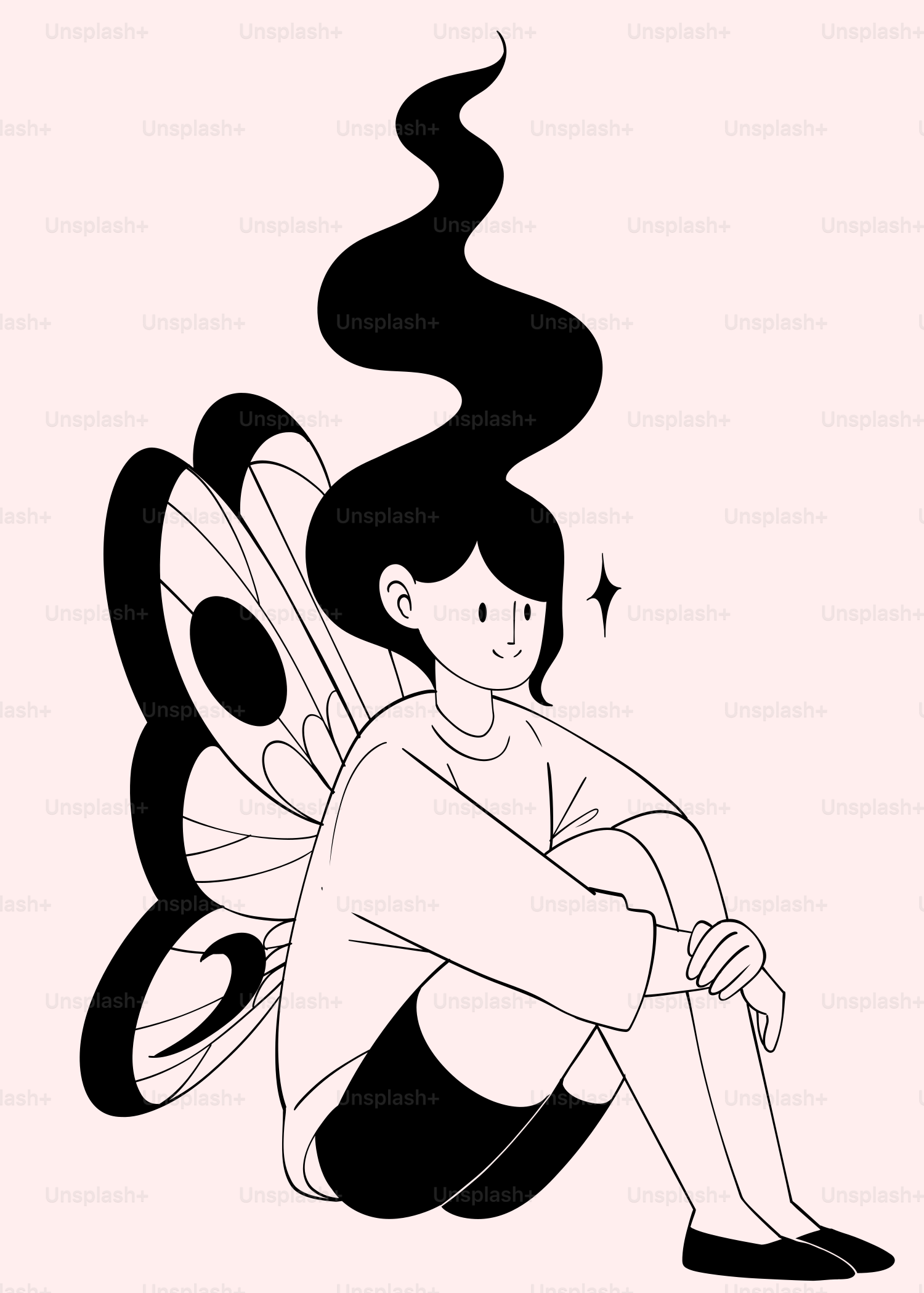 A black and white drawing of a woman sitting on the ground vector – Girl  Image on Unsplash, image size:3000x4200