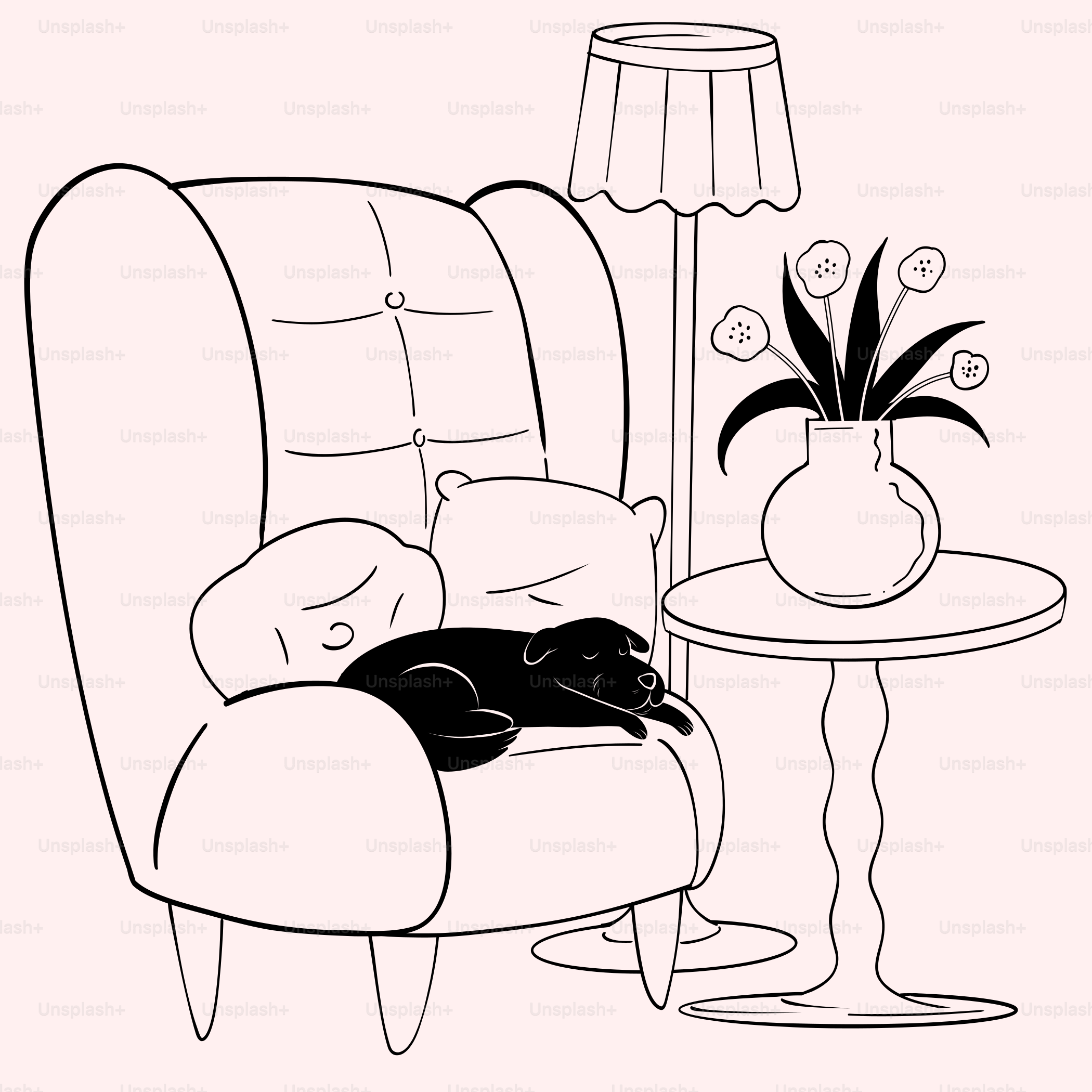 Um desenho preto e branco de um gato dormindo em uma cadeira