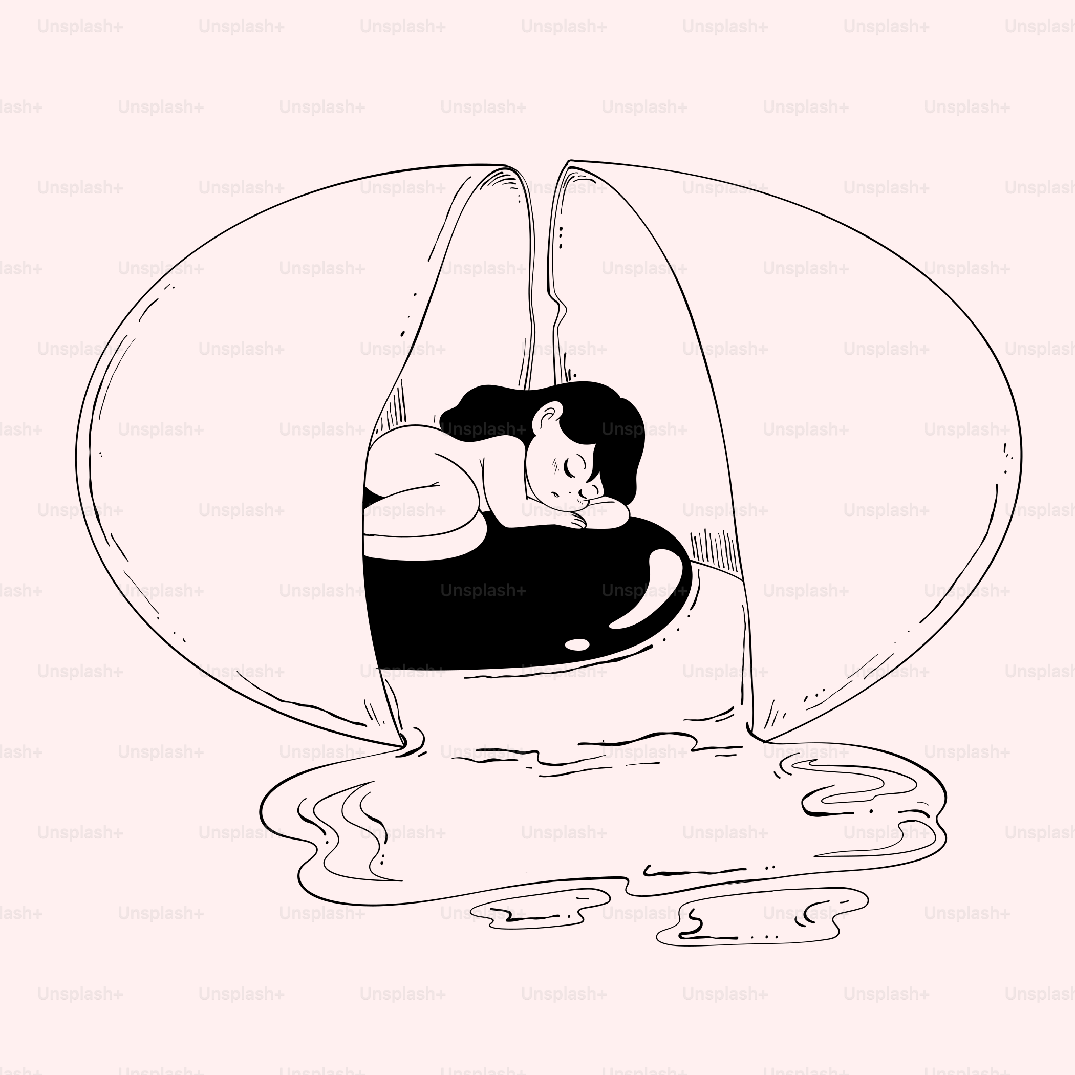 A black and white drawing of a baby in a boat