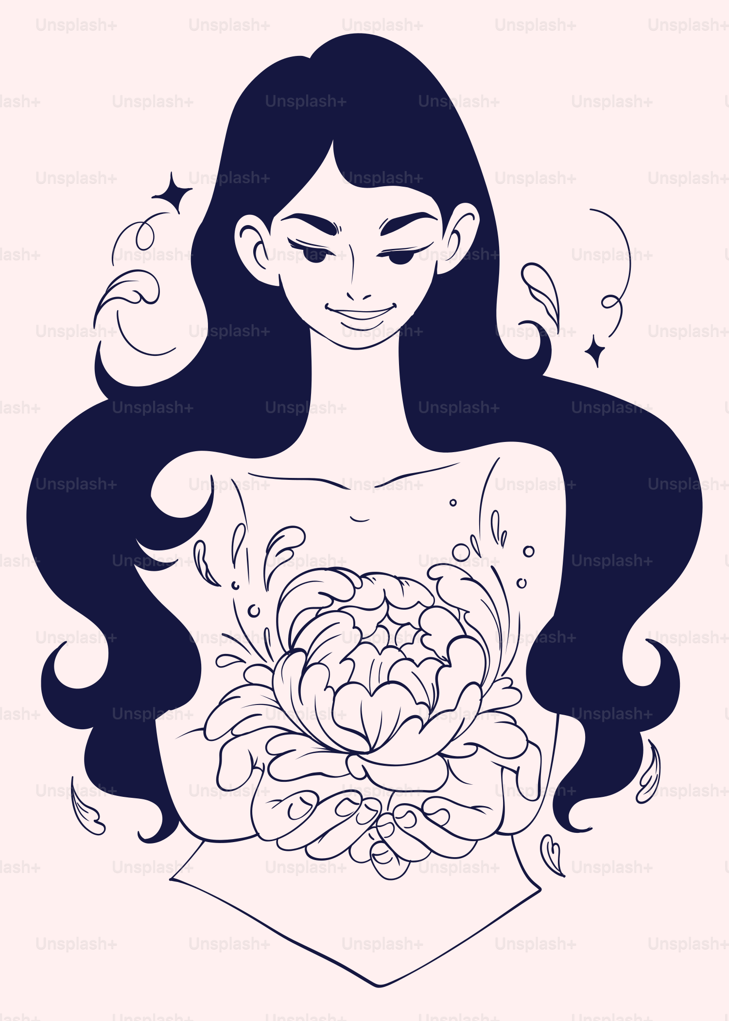 A woman with long hair holding a flower