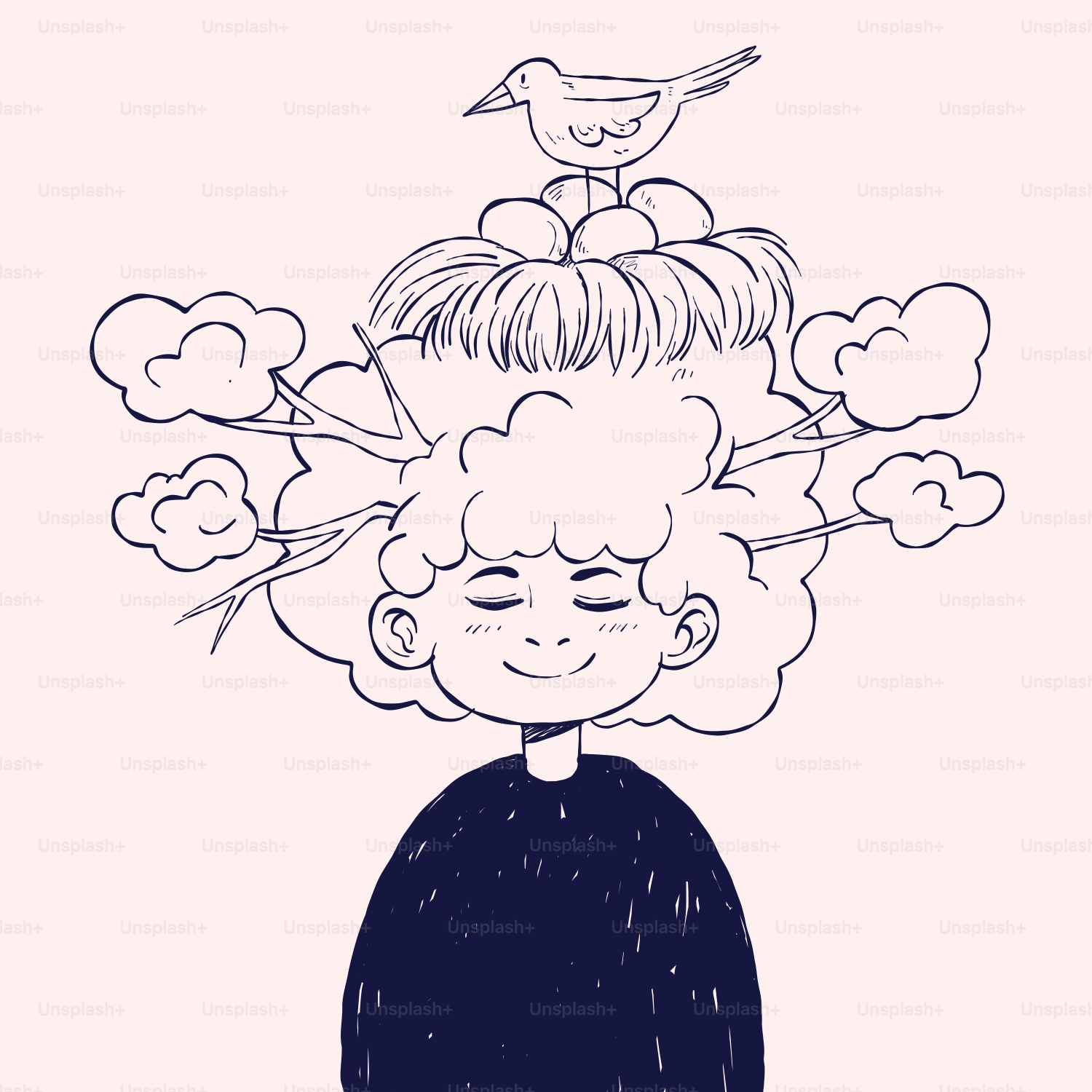 A drawing of a woman with a bird on her head