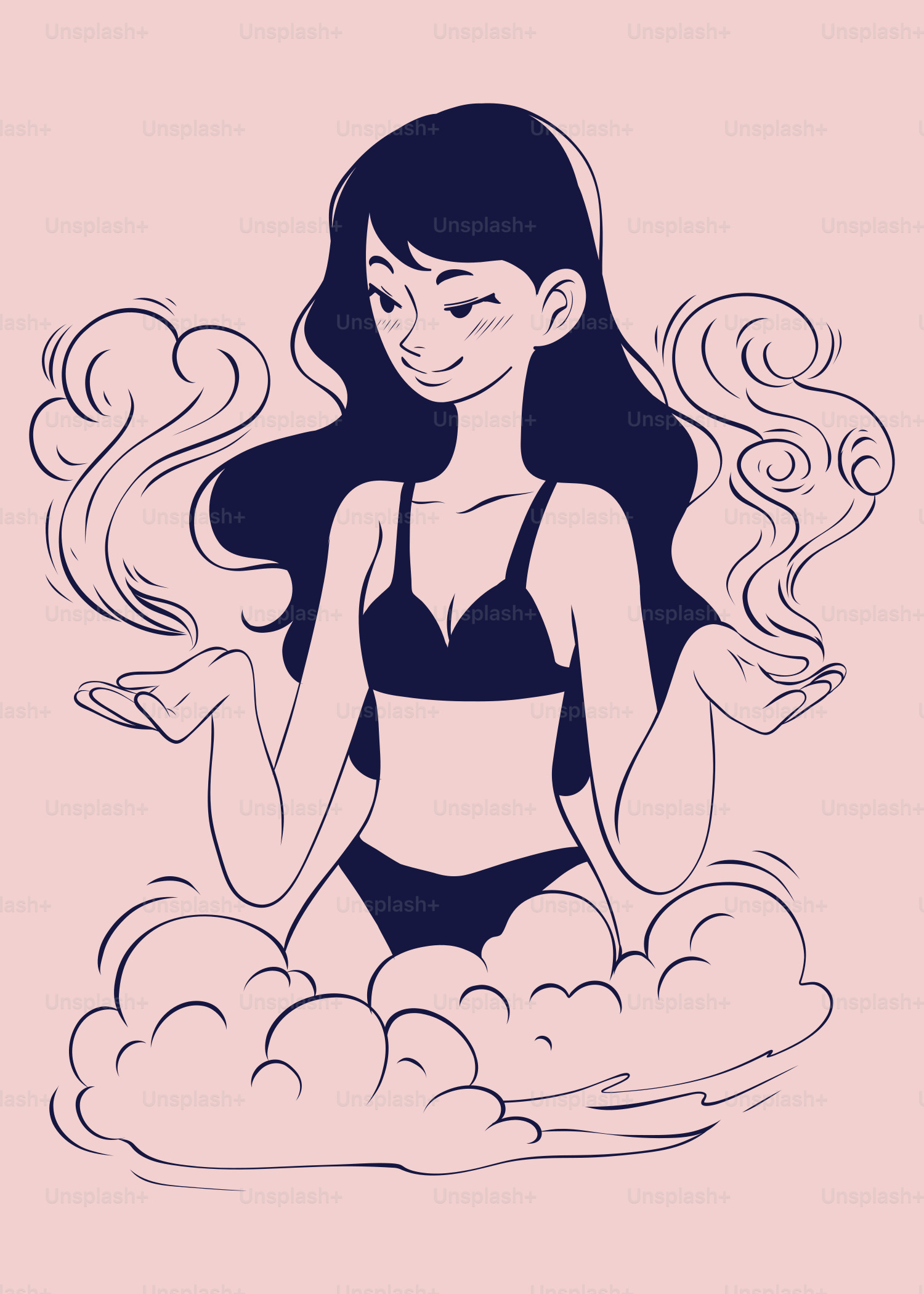 Une femme en bikini assise sur un nuage