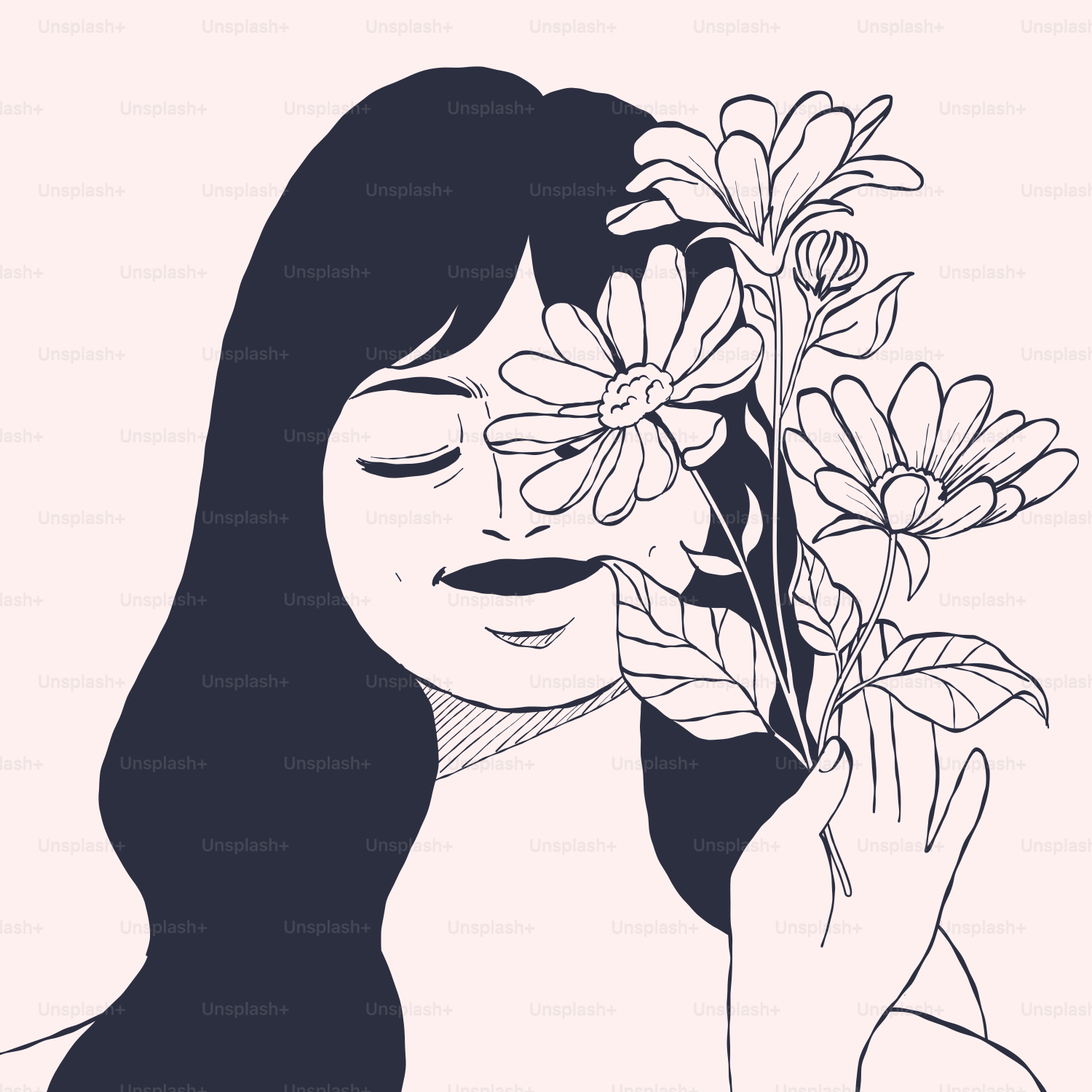 A woman holding a bunch of flowers in front of her face