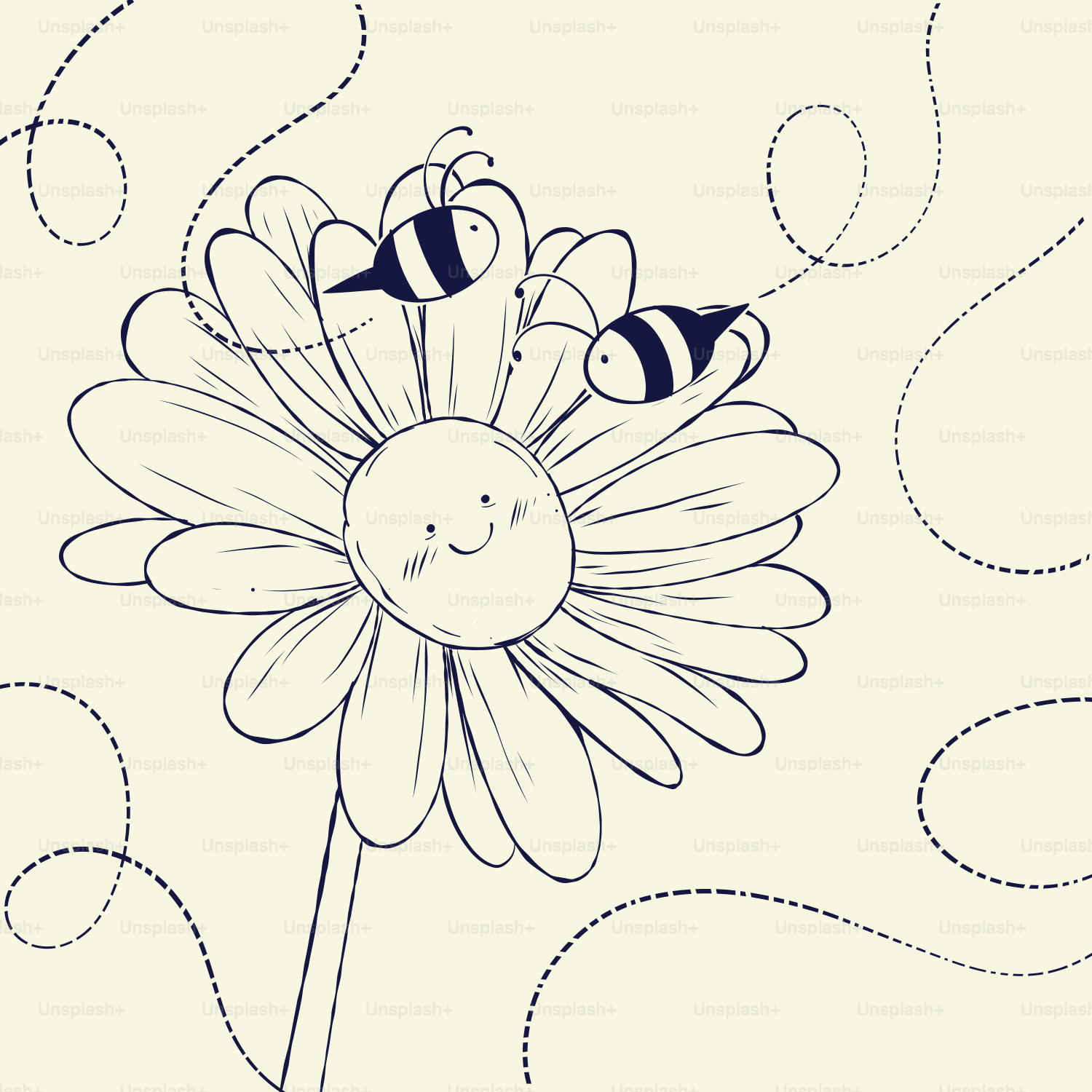 A drawing of a flower with two bees on it