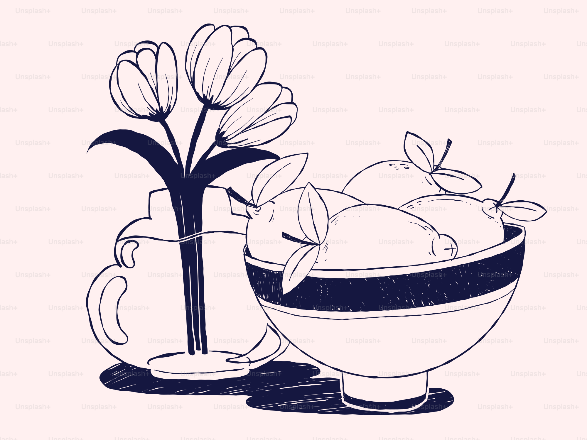 Un dessin d’un bol de fruits et d’un vase de fleurs