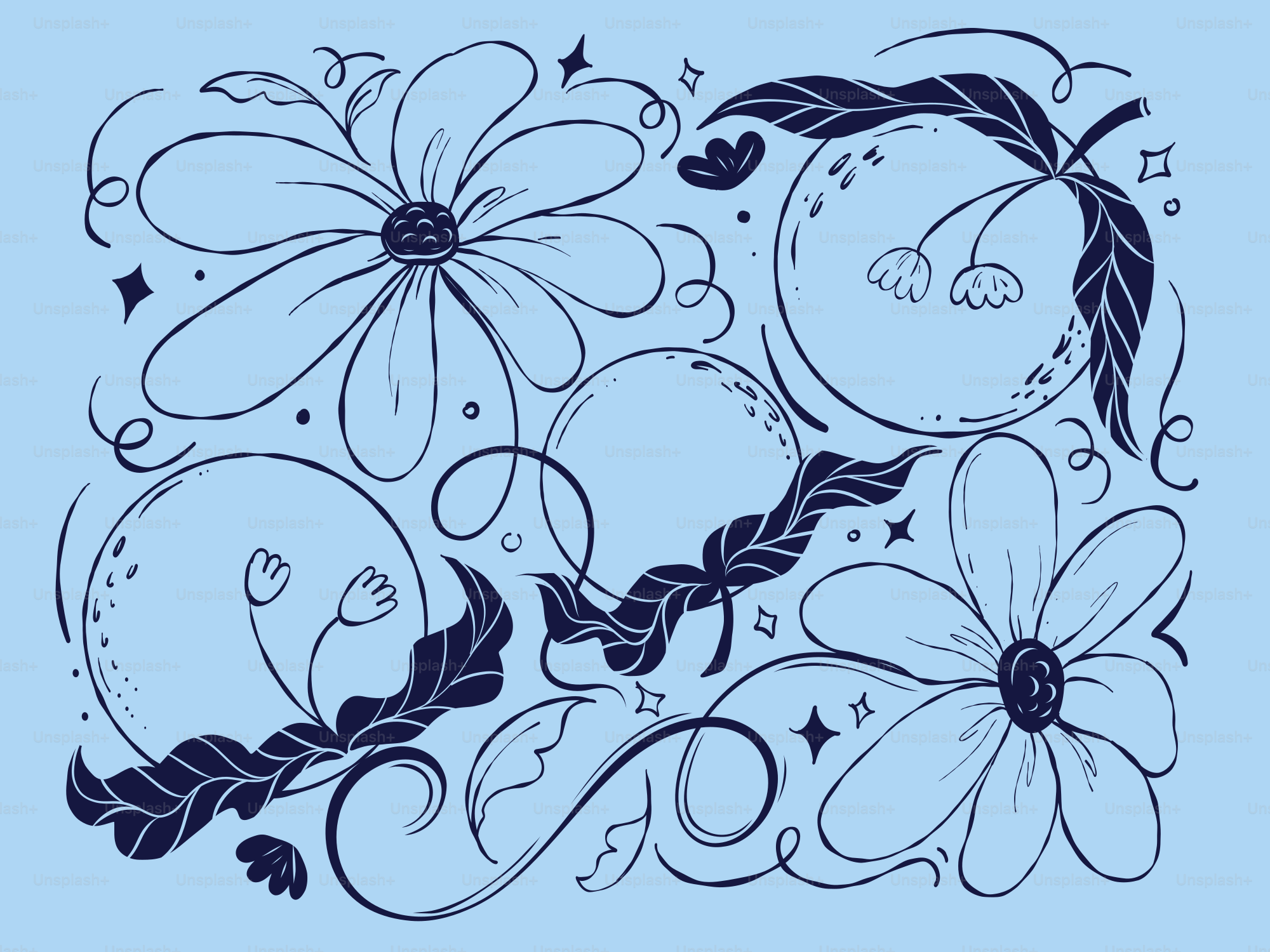 Un dibujo de flores y hojas sobre un fondo azul