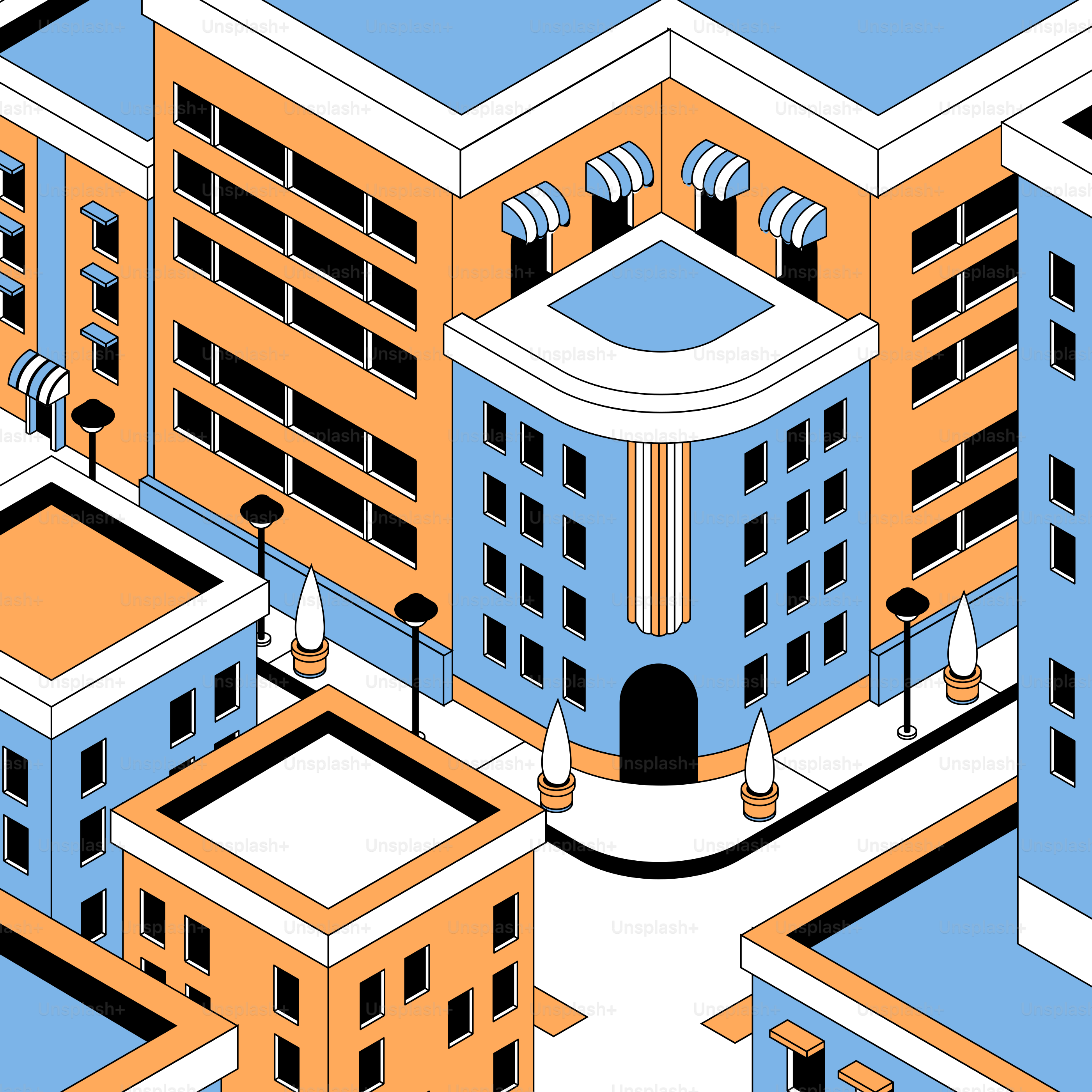 A blue and orange building surrounded by buildings