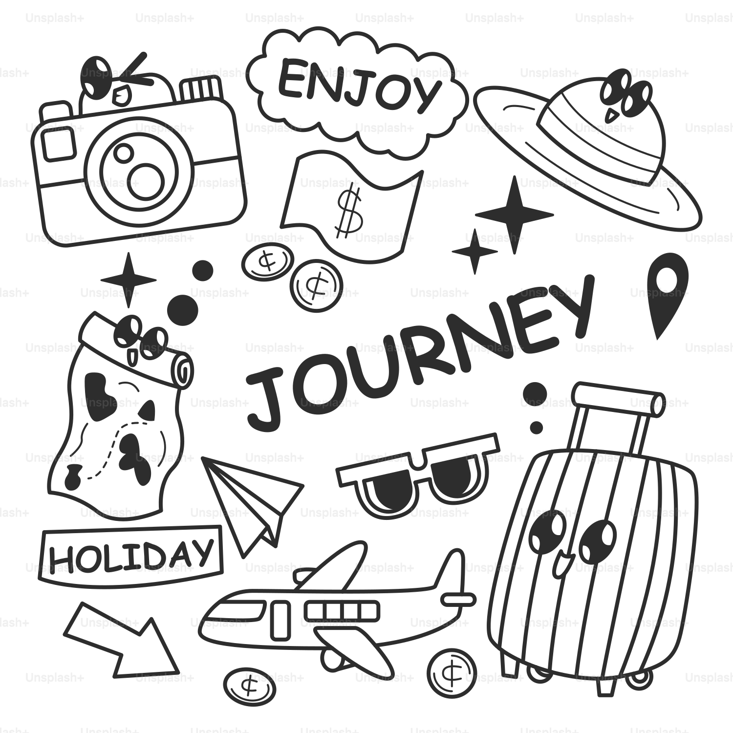 A black and white drawing of travel related items