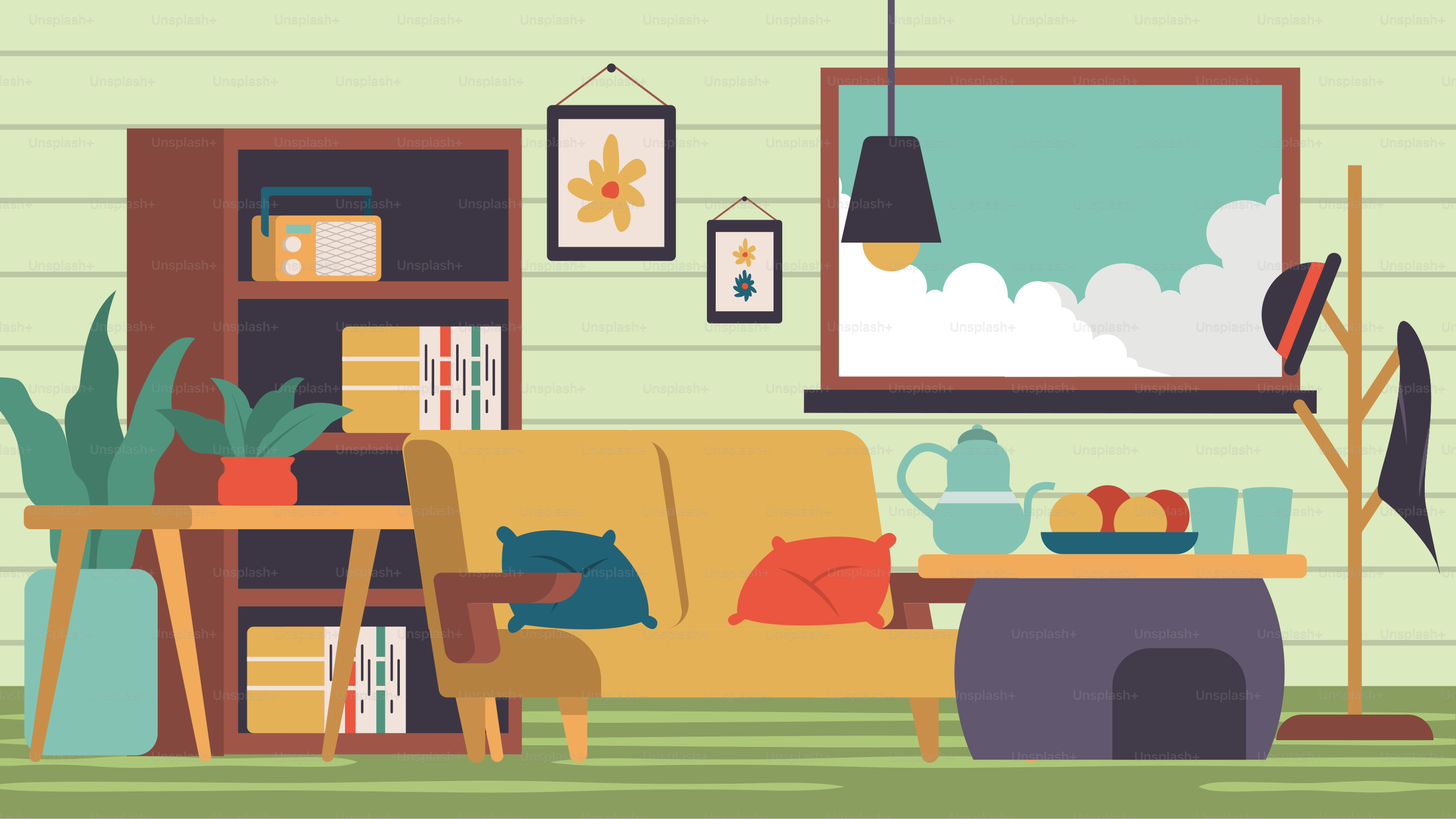 Una sala de estar llena de muebles y una estantería para libros