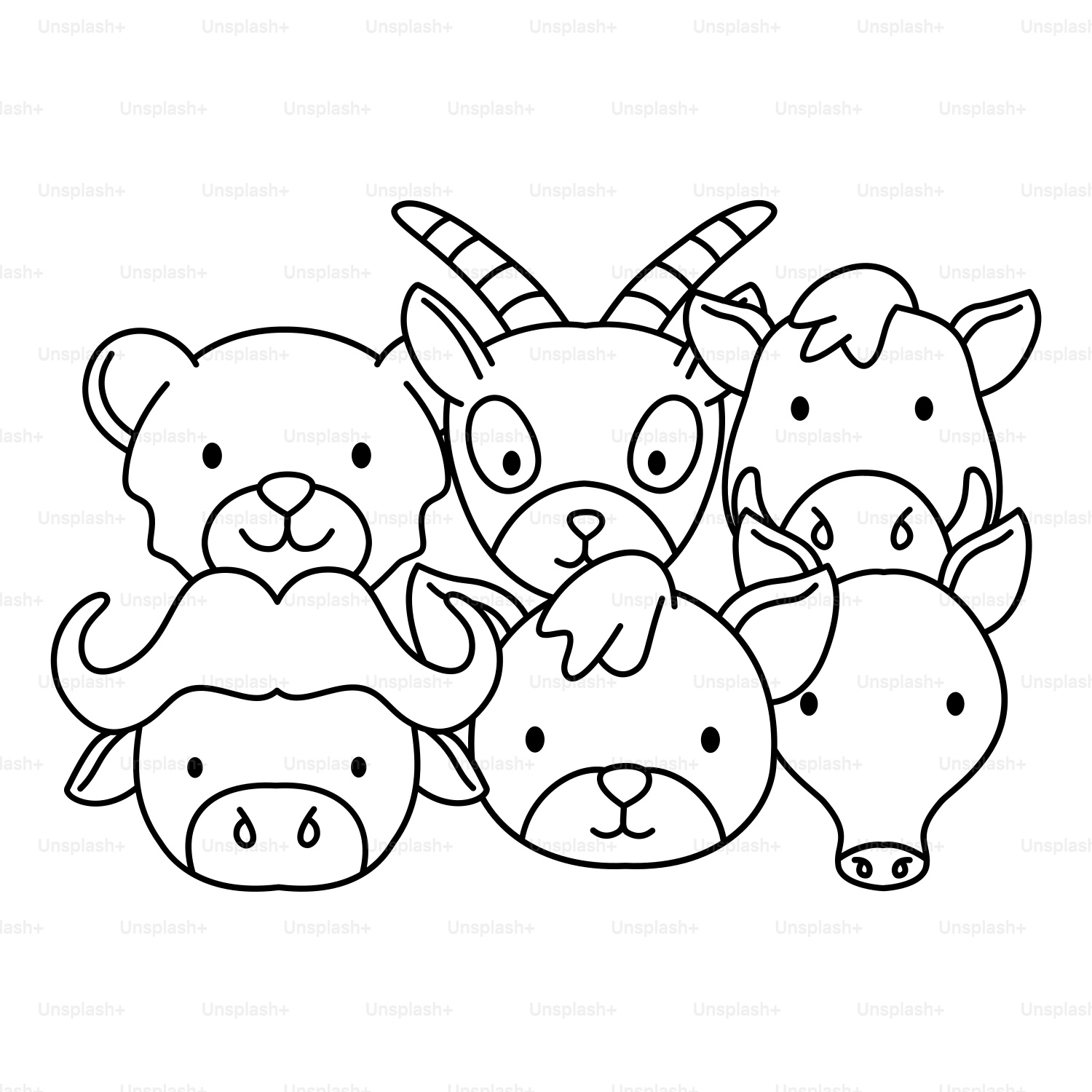 A line drawing of a group of animals