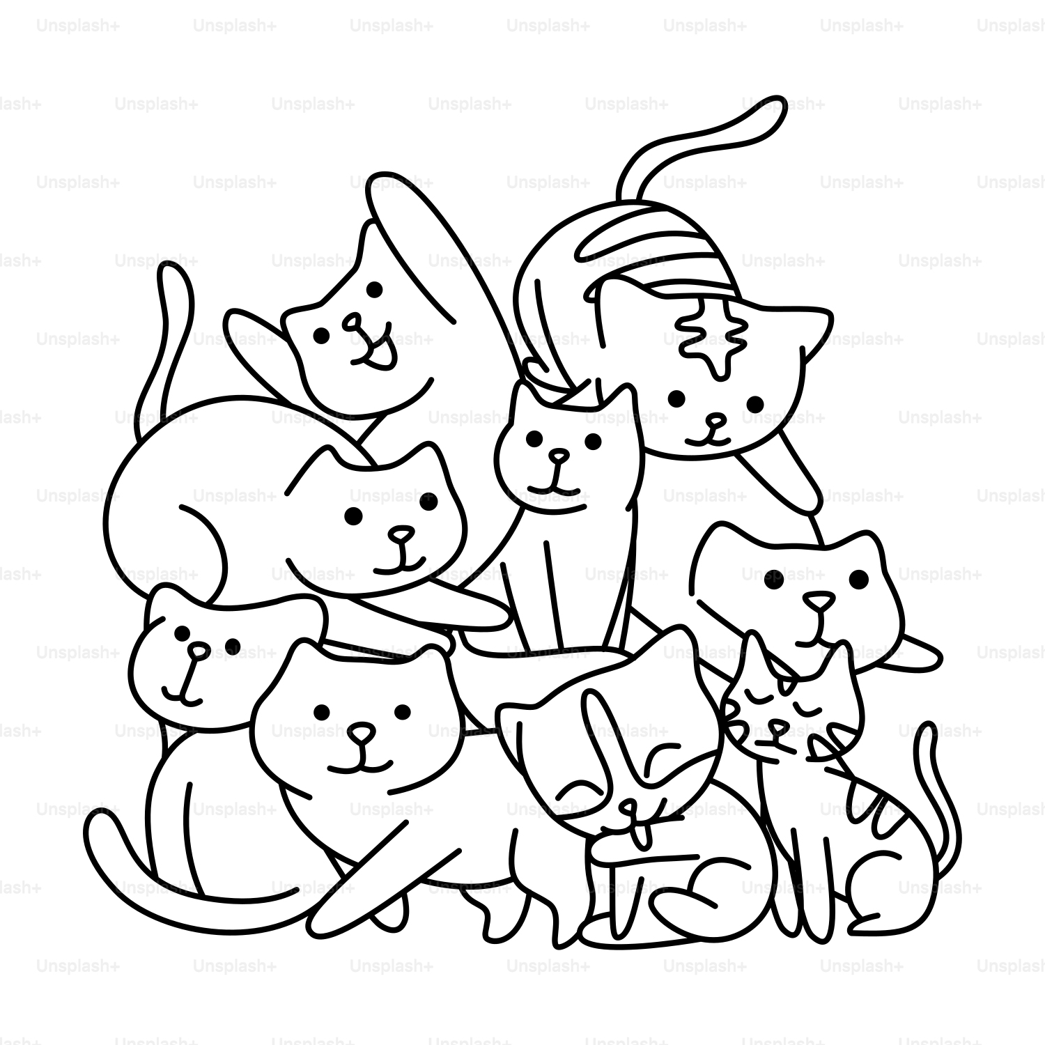 A black and white drawing of a group of cats