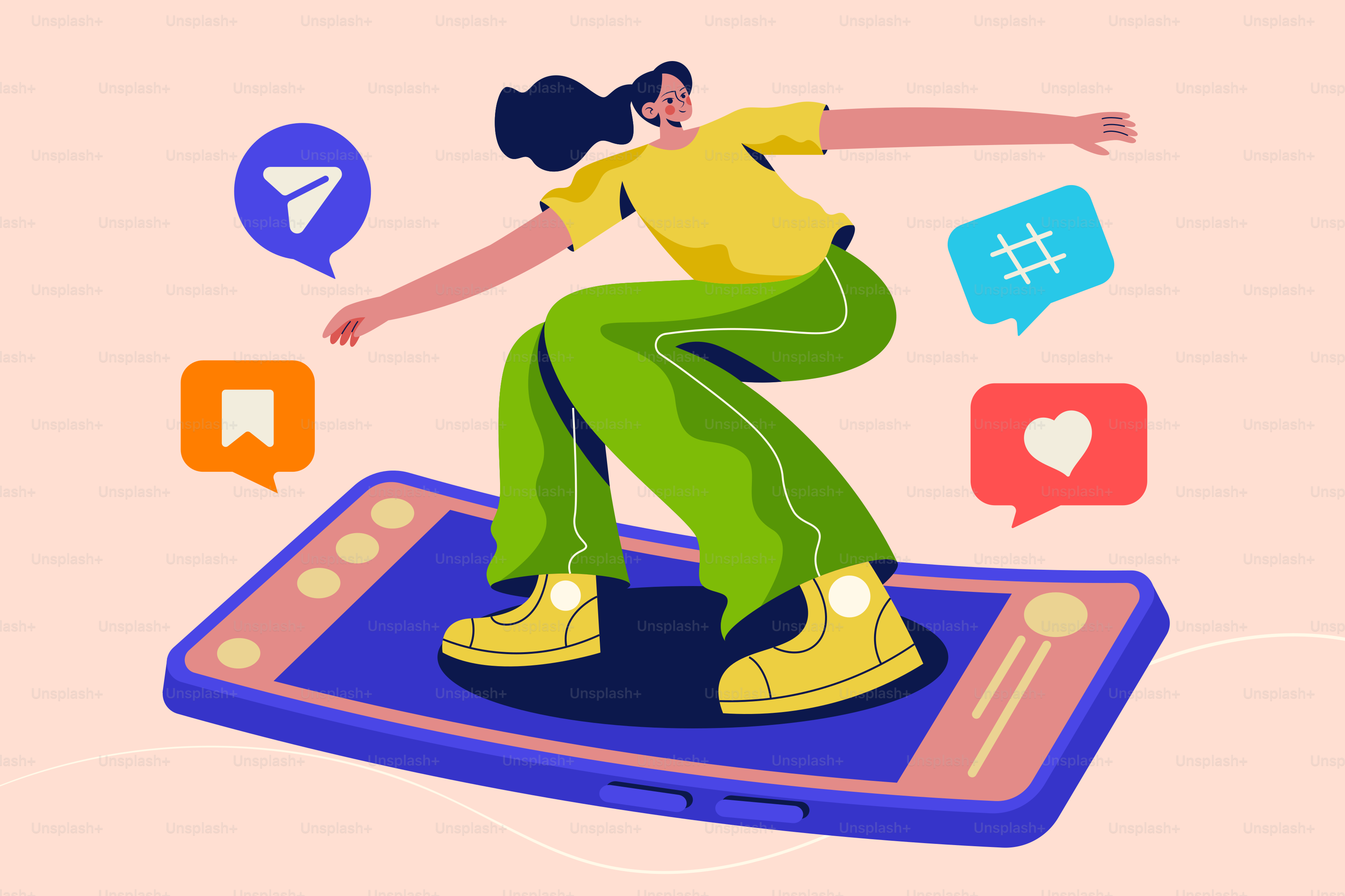 A woman is dancing on a mat with social icons around her