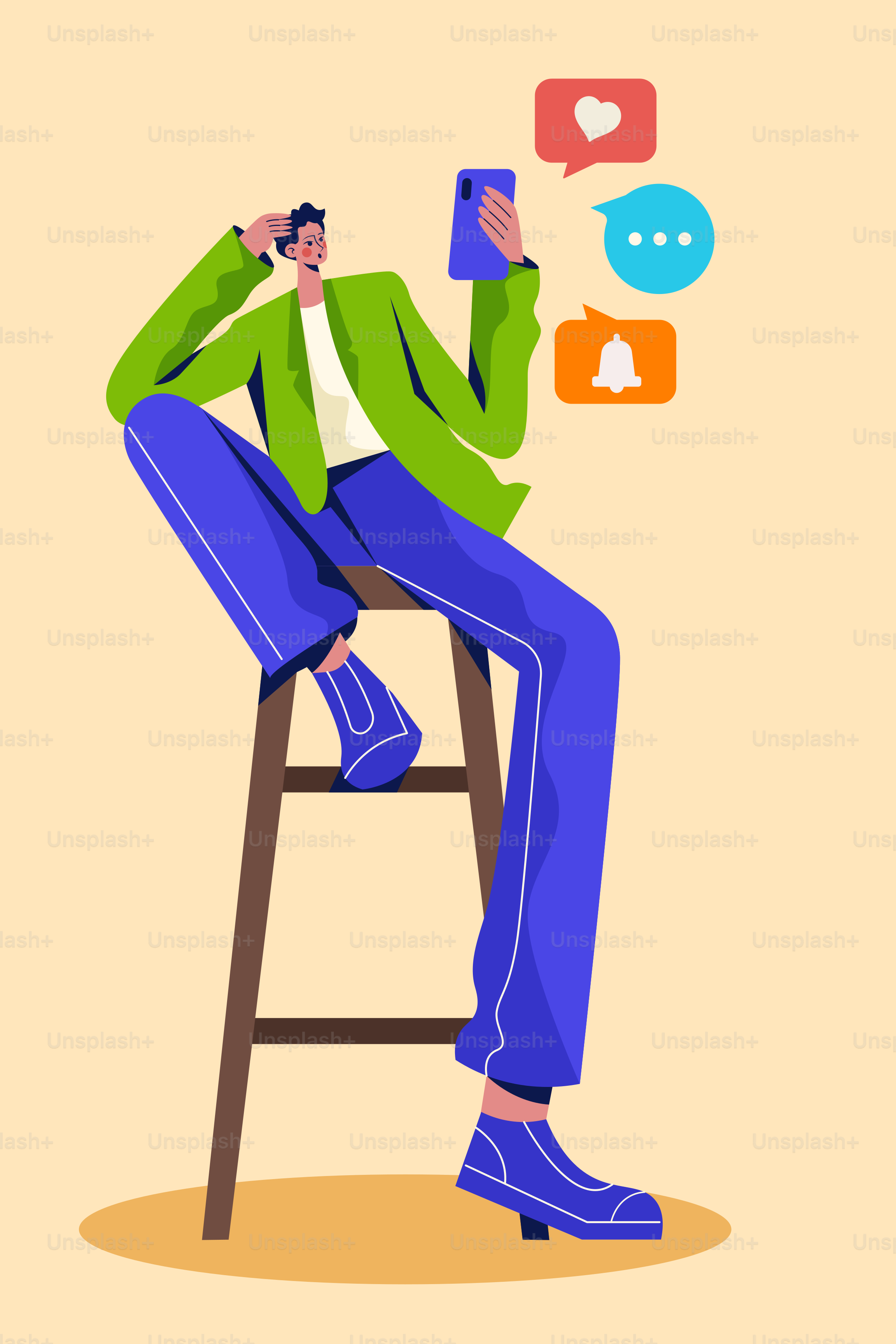 A man sitting on a stool using a cell phone