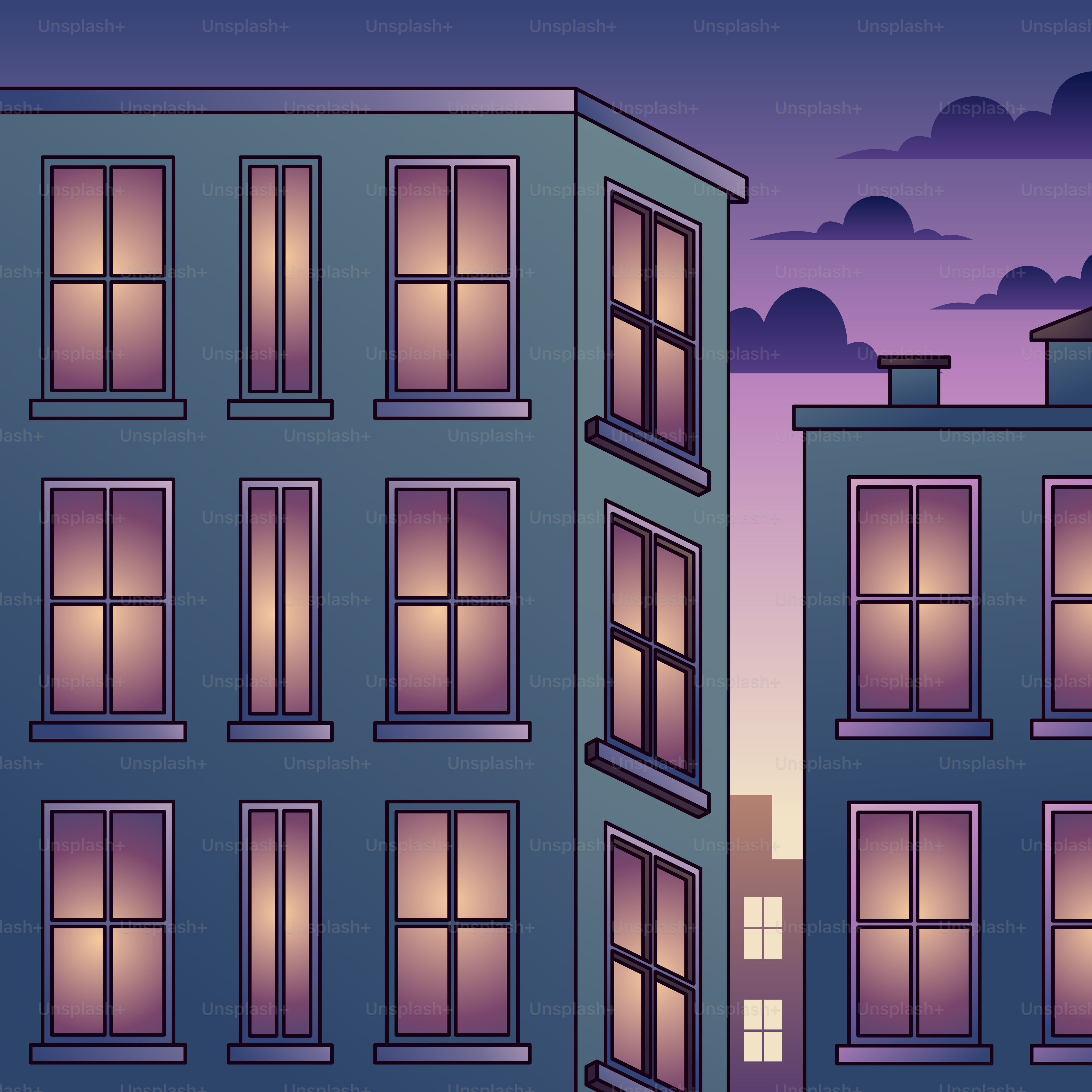 A tall blue building sitting next to a tall building