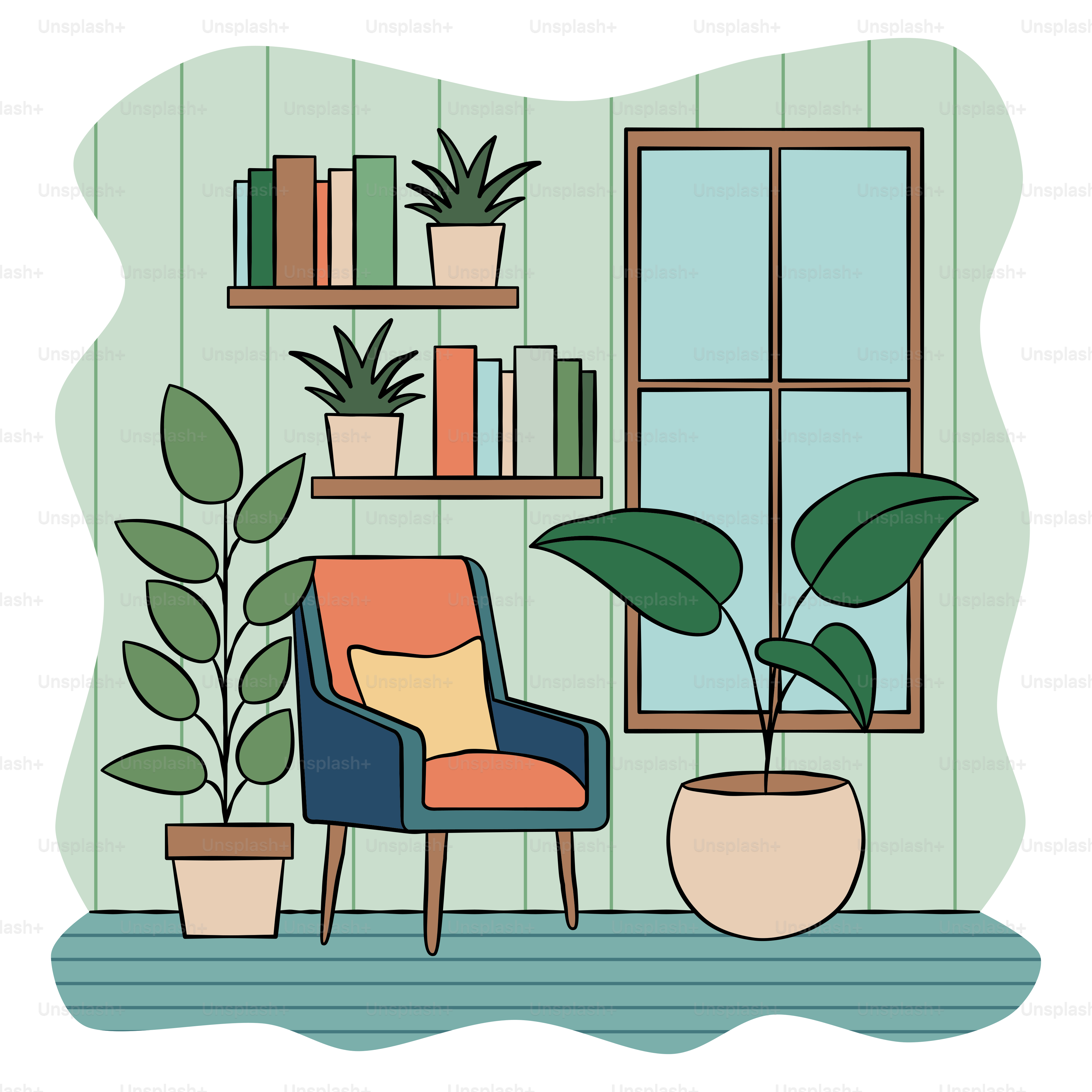 A room with a chair, bookshelf and a potted plant
