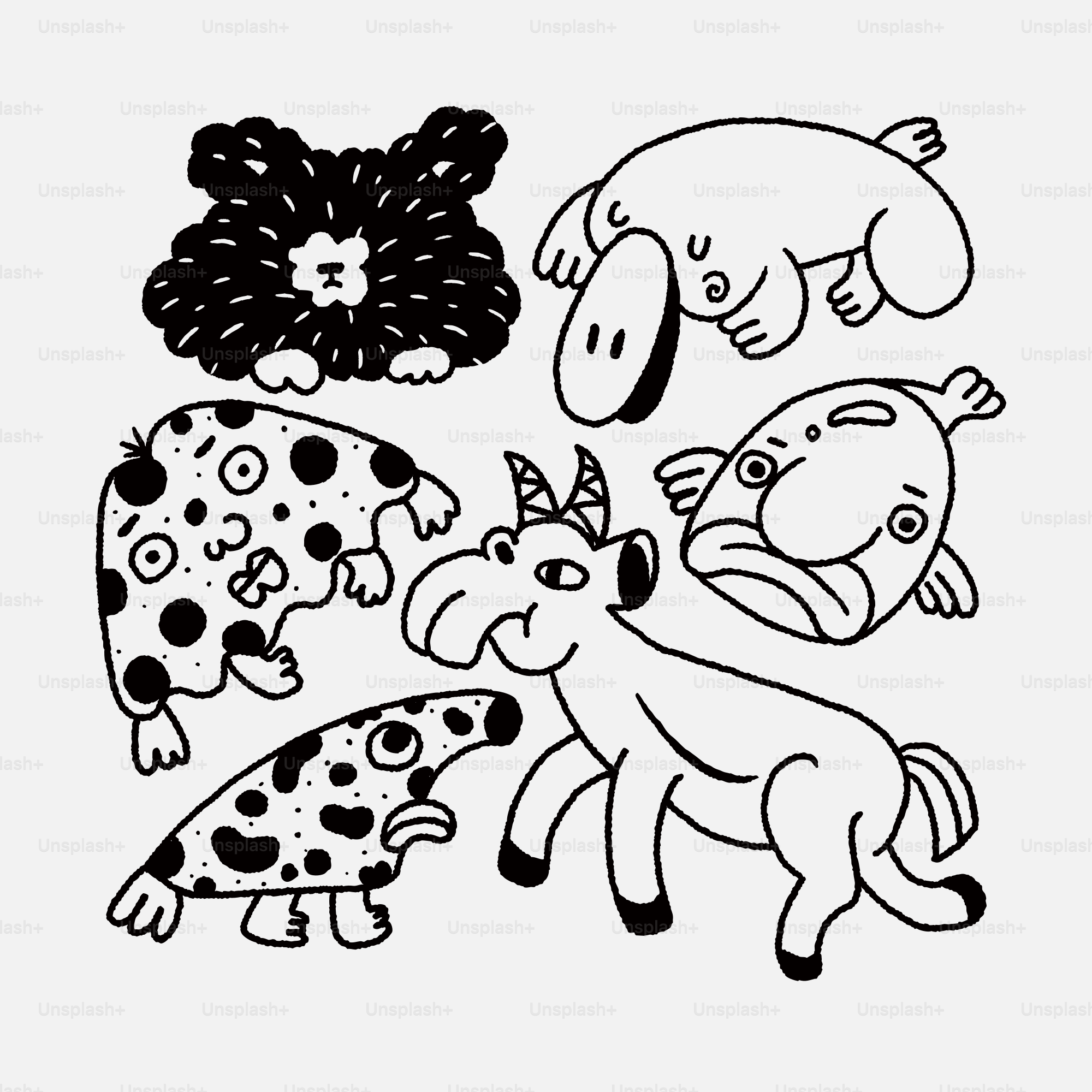 Eine Schwarz-Weiß-Zeichnung einer Gruppe von Tieren