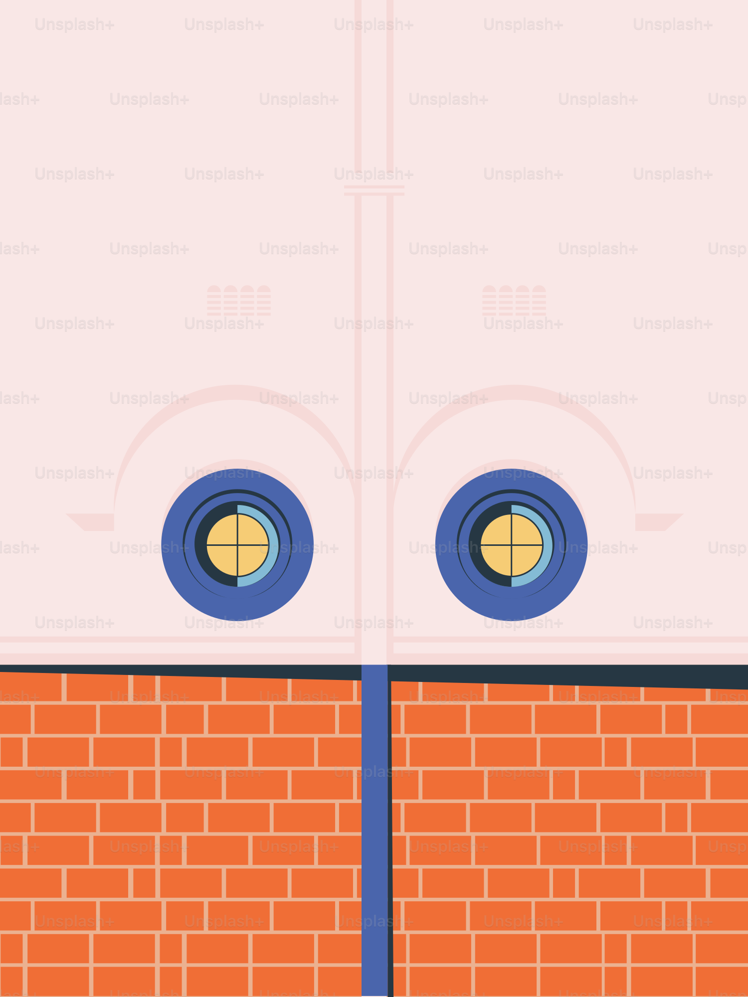 2つの青い円が描かれた赤レンガの壁