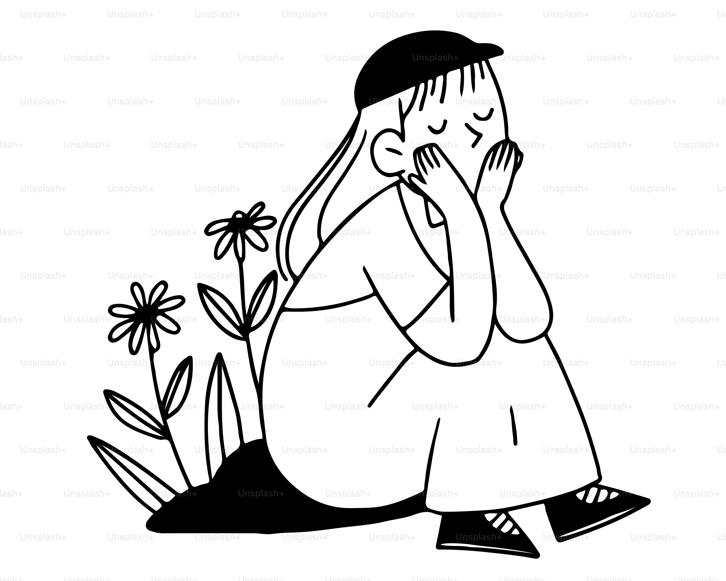 Un disegno di una ragazza seduta su un water con un fiore in mano  vettoriale – Immagine di Pianta su Unsplash, image size:3000x2400