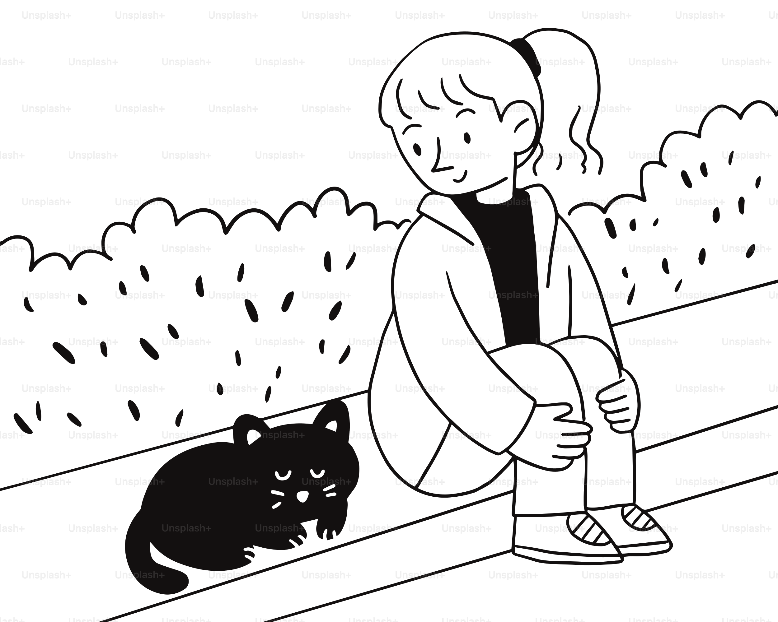 A black and white drawing of a woman sitting on a bench with a cat