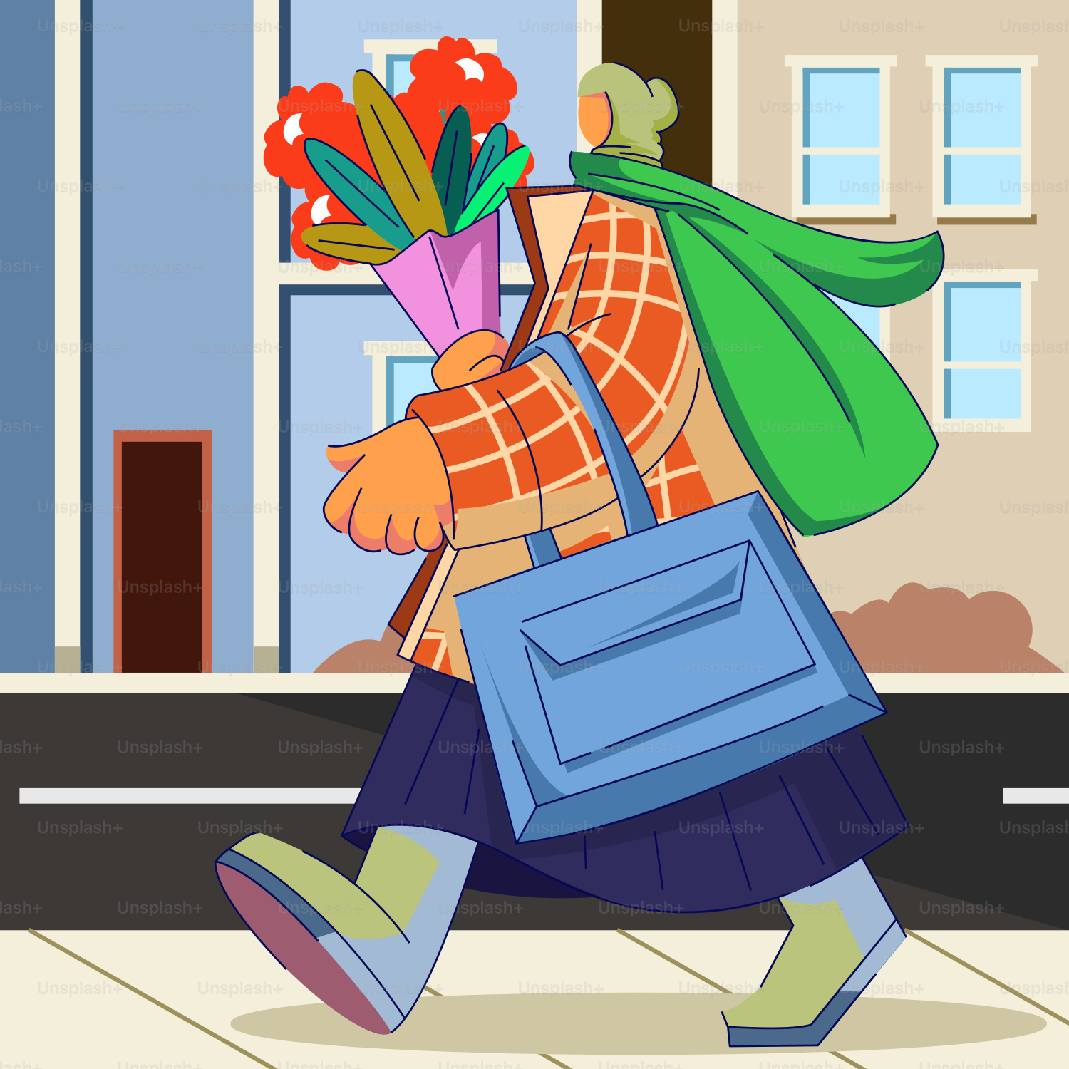 Eine Person, die mit einer Tasche und Blumen eine Straße entlang geht