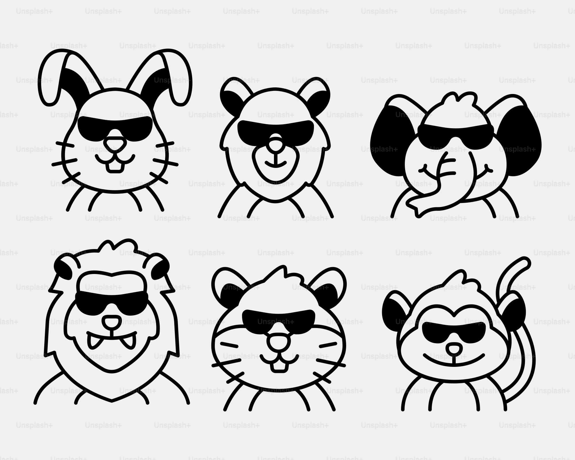 Ein Set von Cartoon-Tieren mit Sonnenbrillen