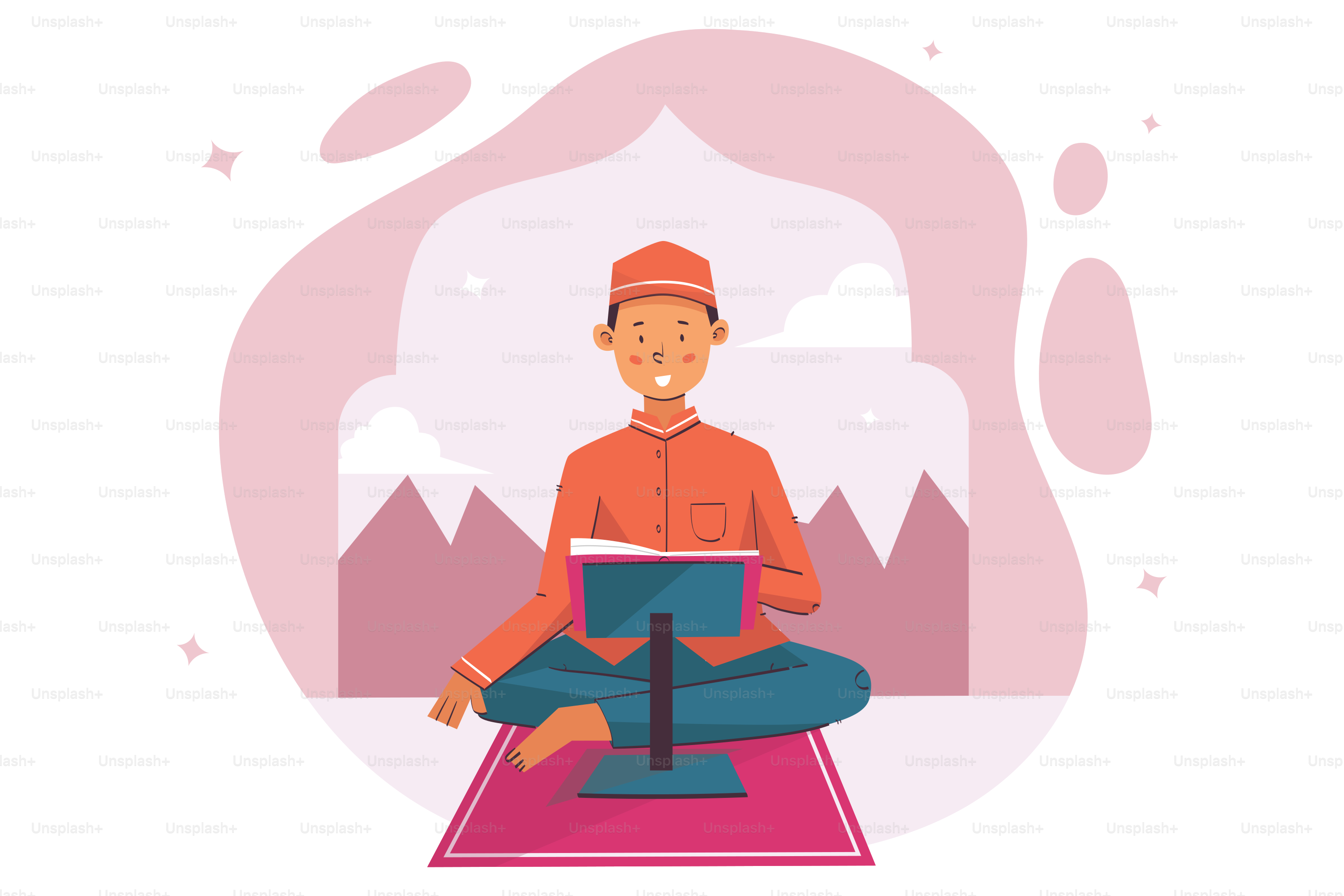 A man sitting on a rug with a laptop