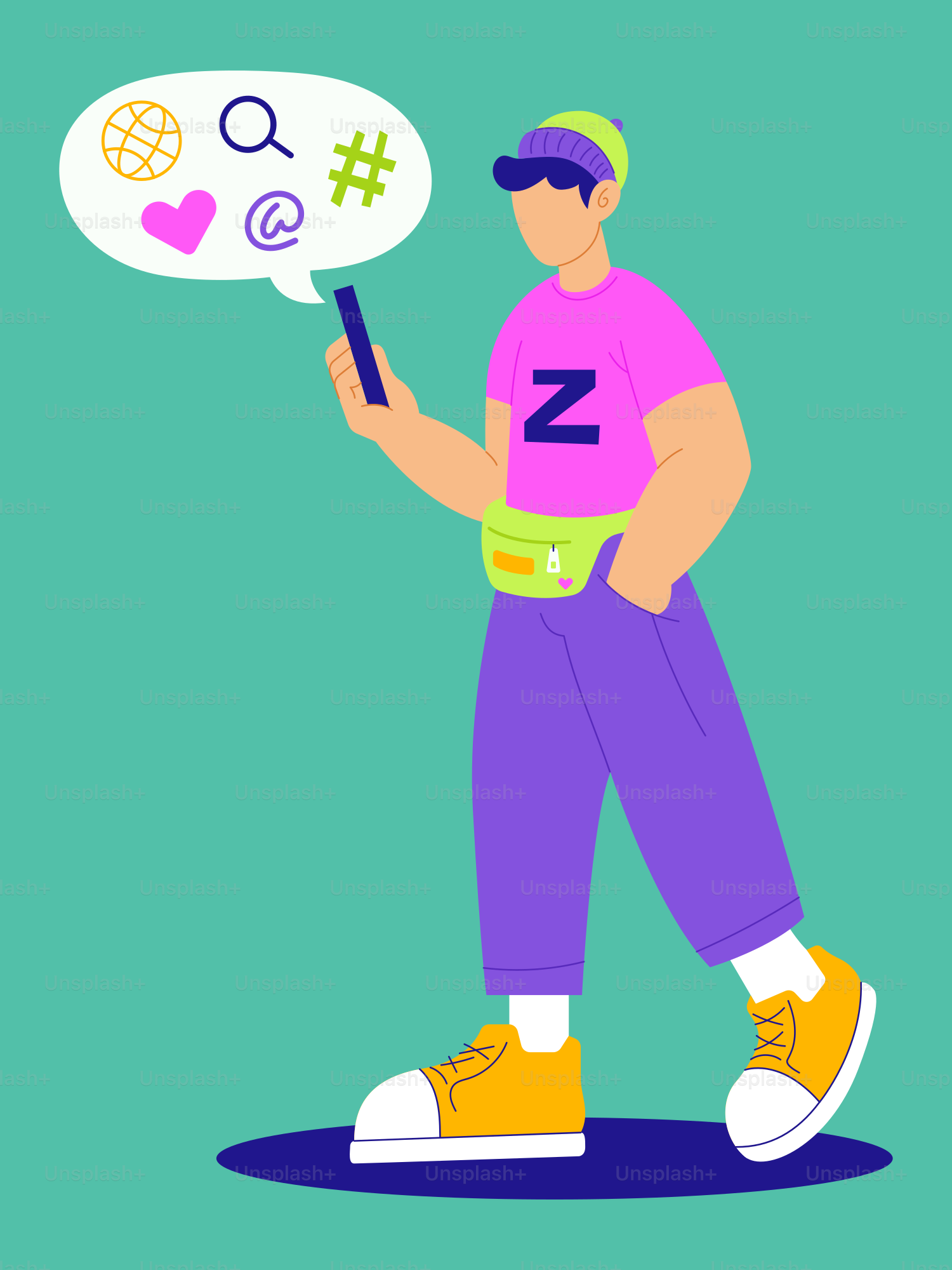 A man in a pink shirt is holding a speech bubble