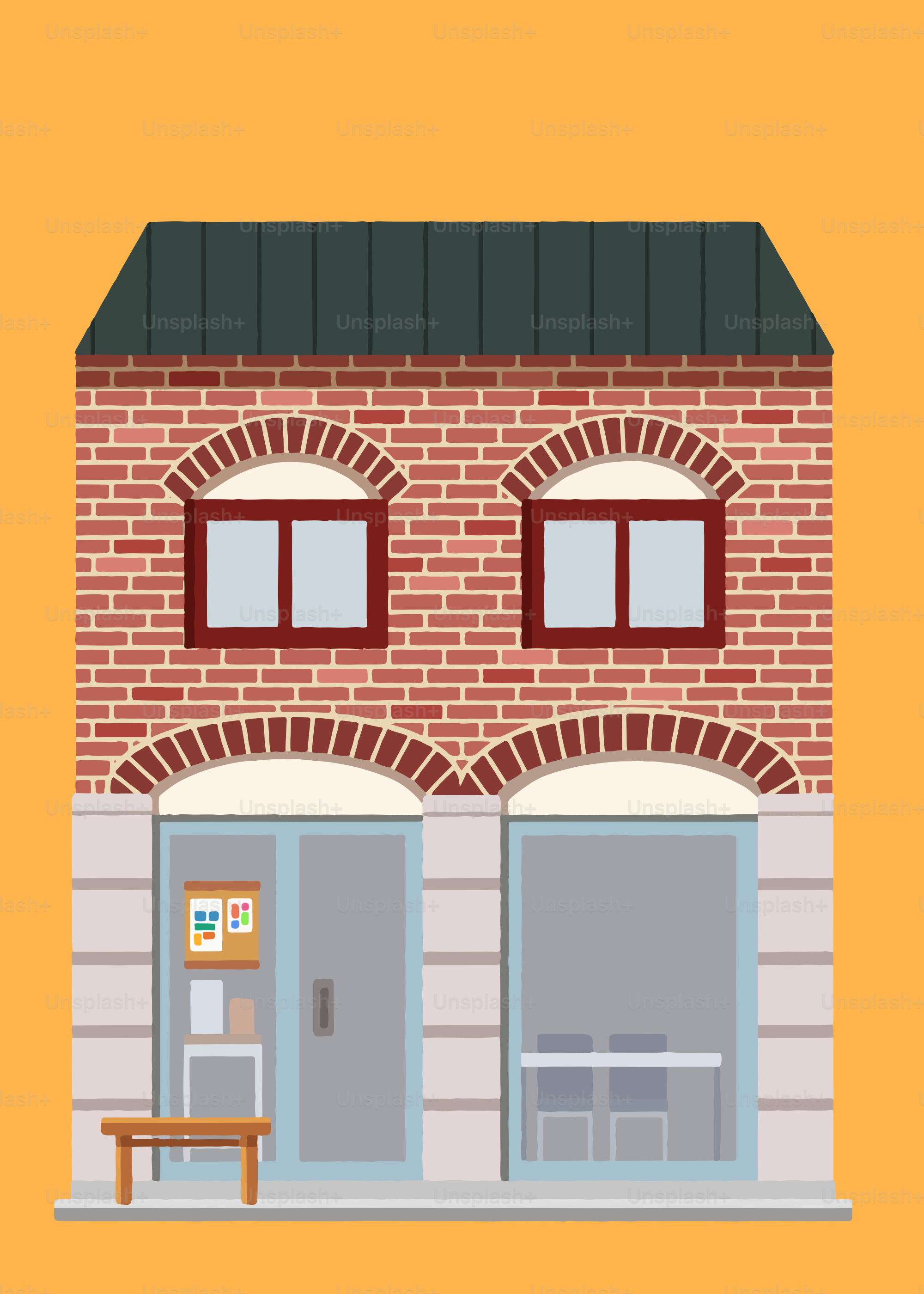 Ein Backsteingebäude mit einer Bank davor