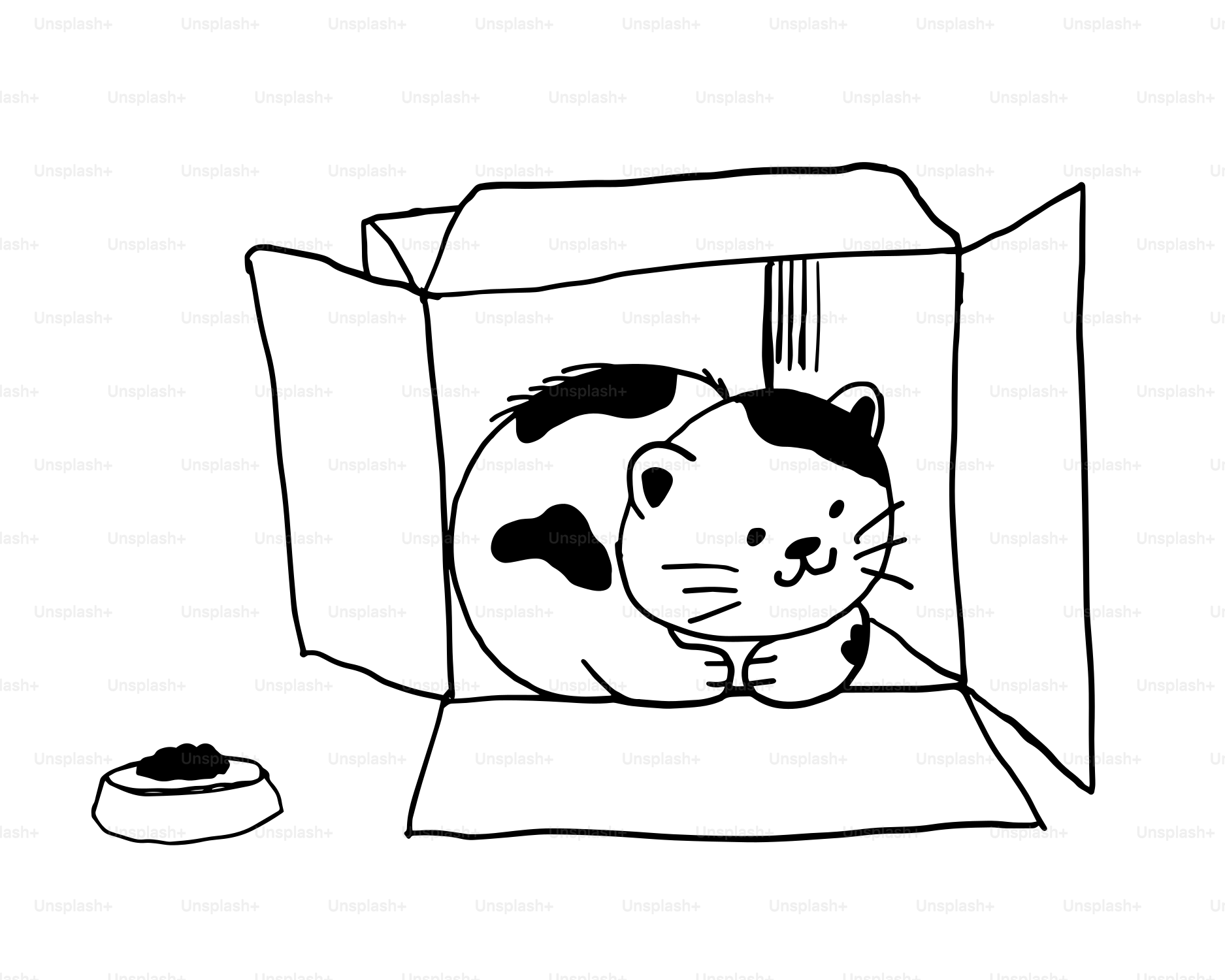 A black and white drawing of a cat in a box