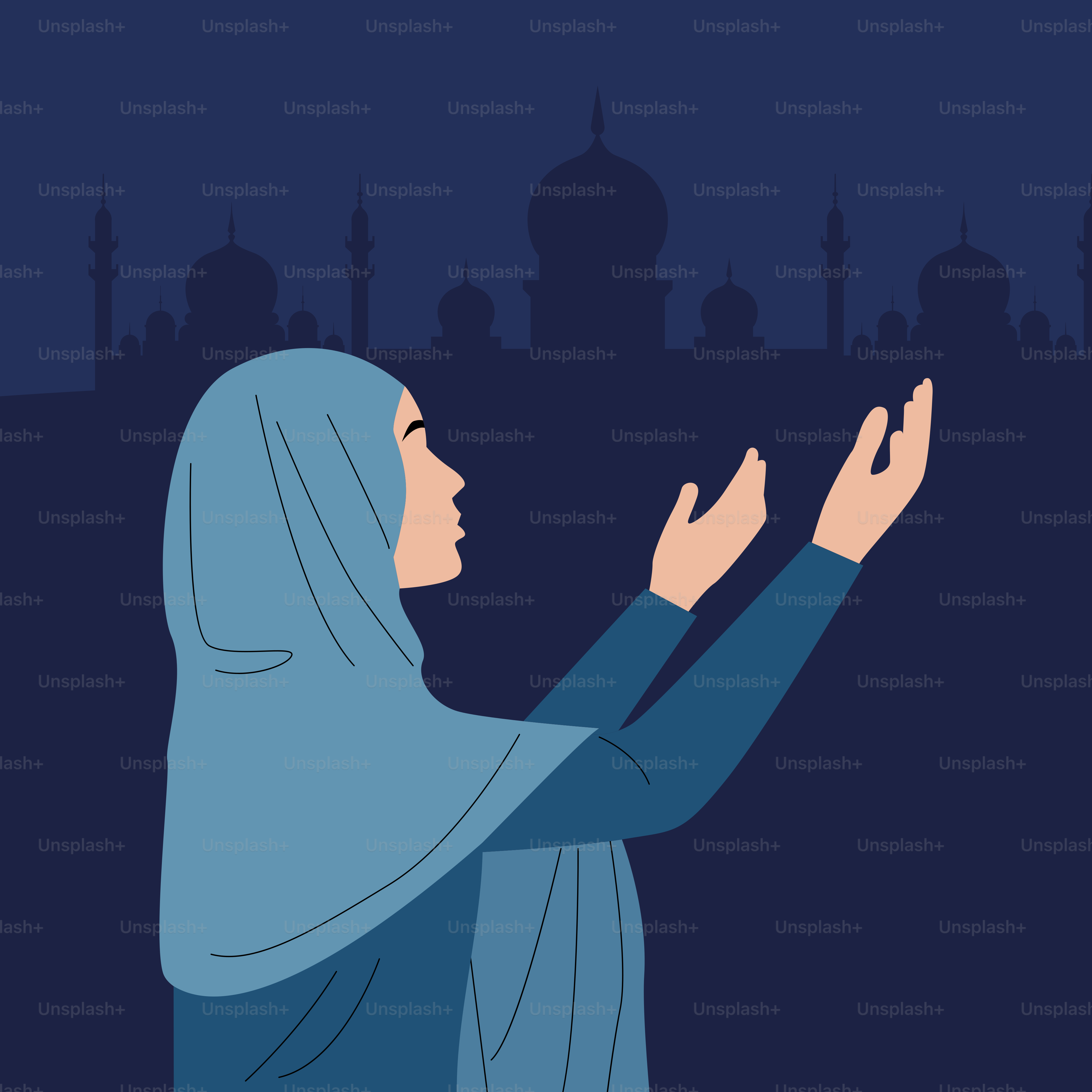 Uma mulher de hijab azul está rezando