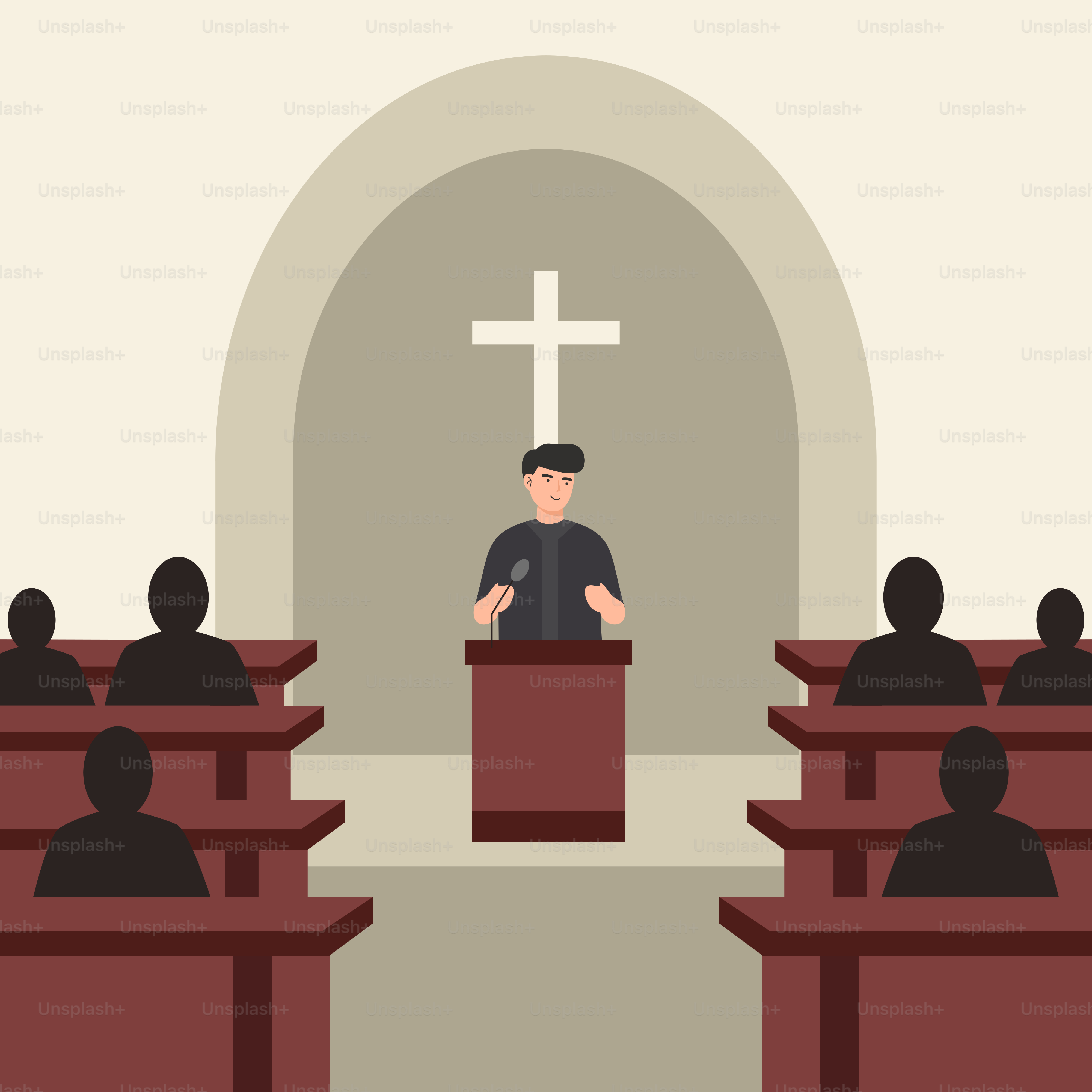 Um homem em pé em um pódio na frente de uma cruz