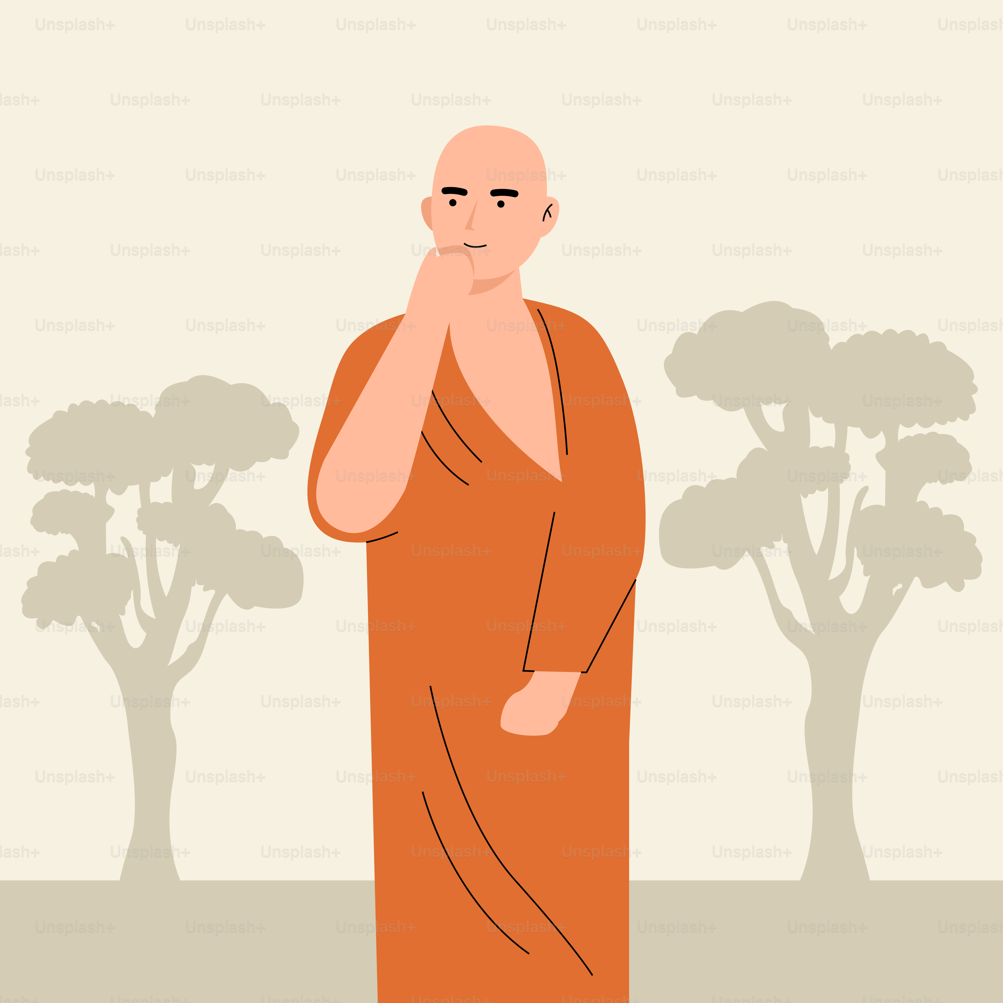 A man in an orange robe standing in front of trees