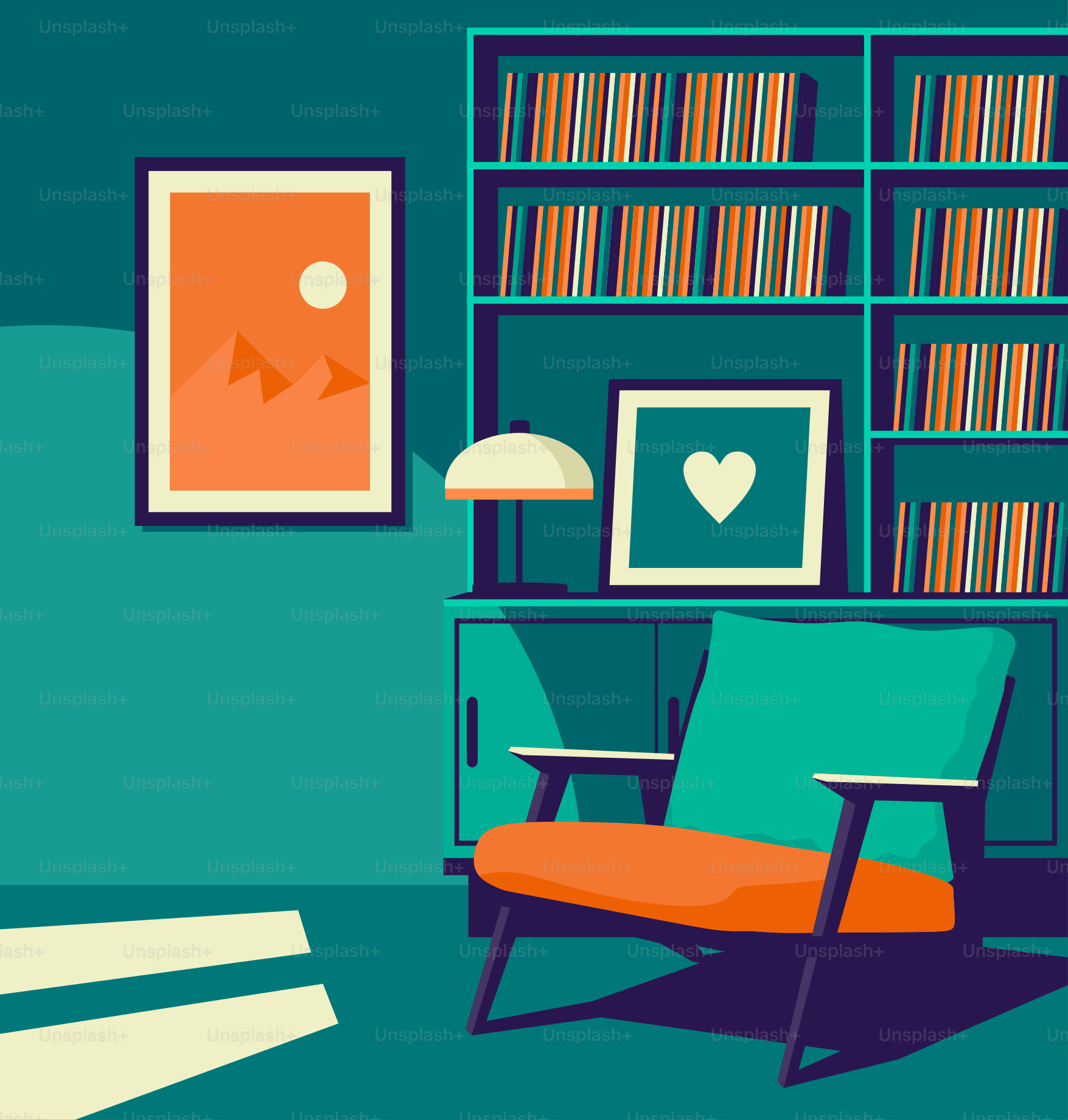 A living room with a book shelf and a chair